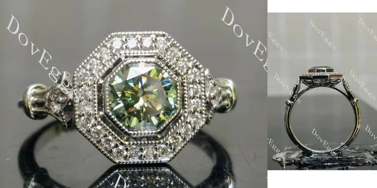 Octagon halo pave art deco moissanite engagement ring| DovEggs