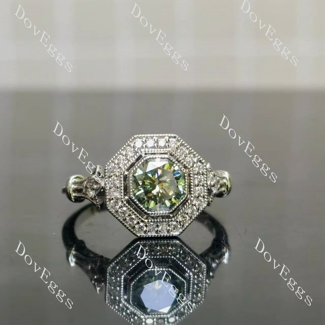 Octagon halo pave art deco moissanite engagement ring| DovEggs