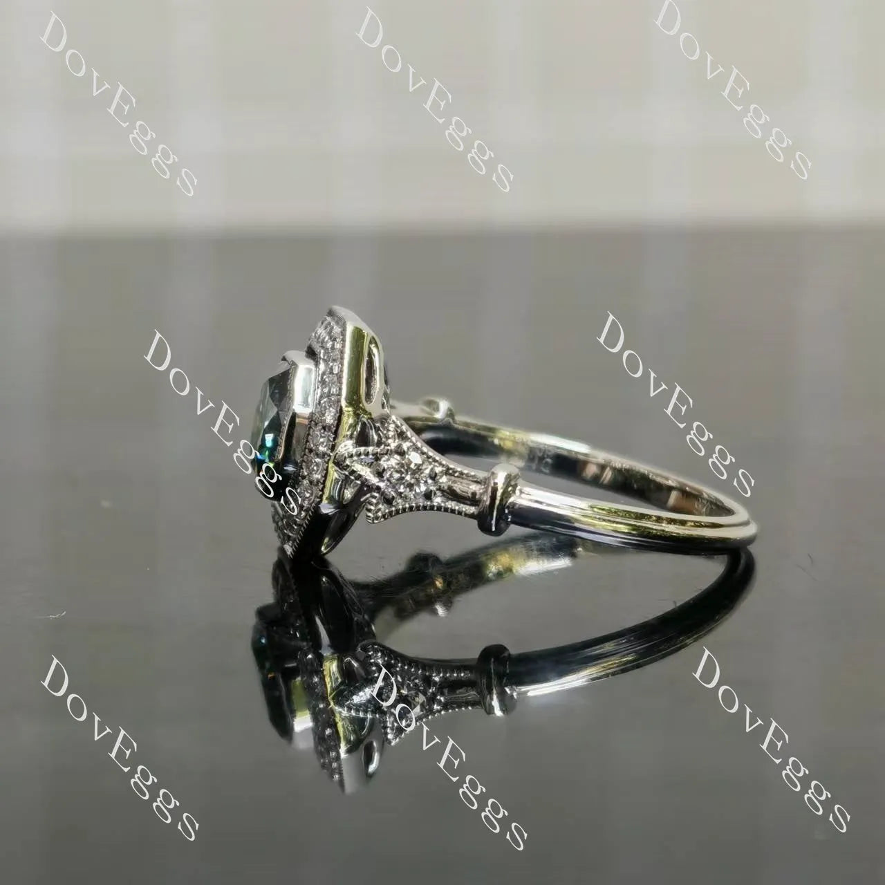 Octagon halo pave art deco moissanite engagement ring| DovEggs