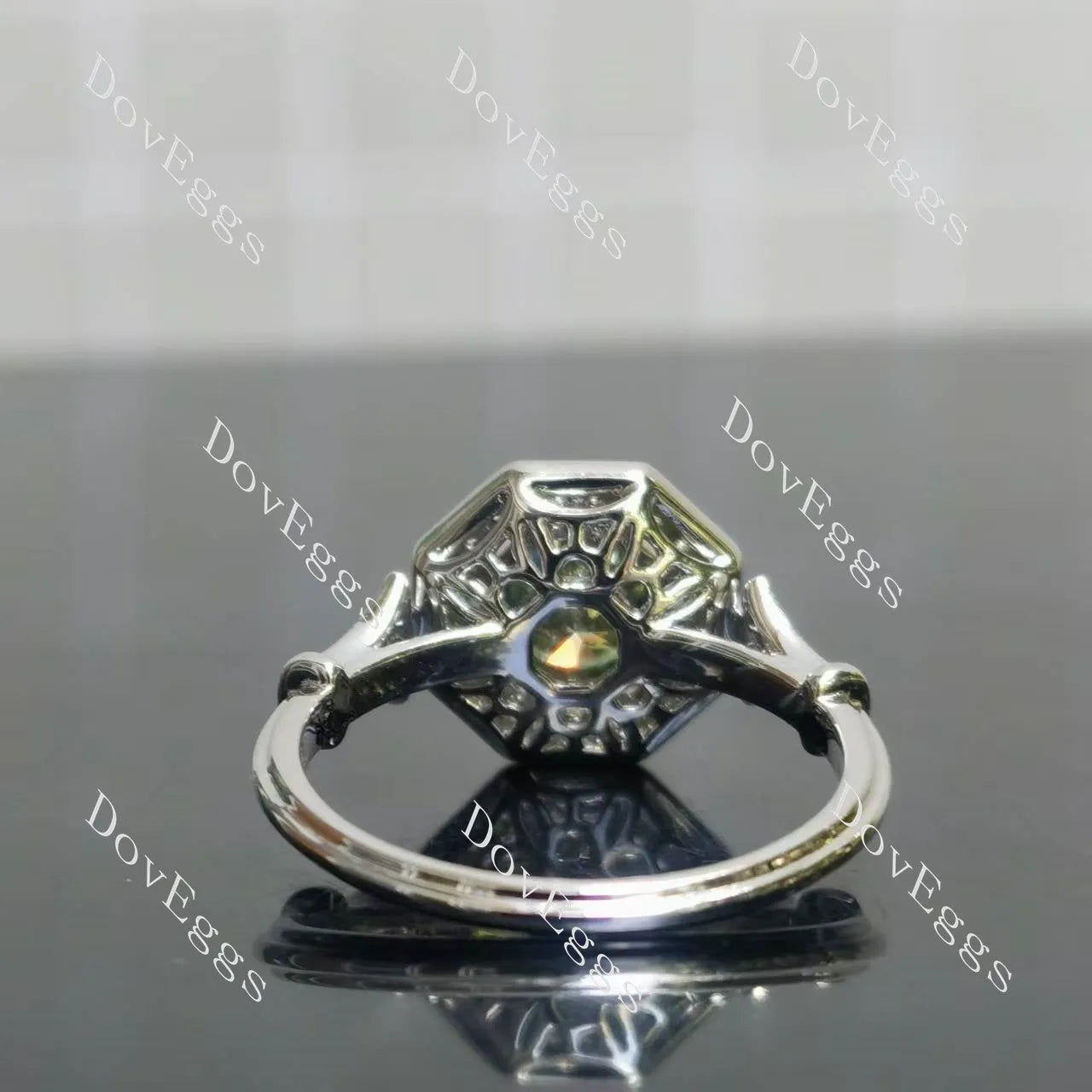 Octagon halo pave art deco moissanite engagement ring| DovEggs