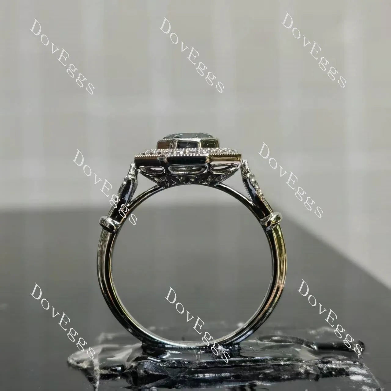 Octagon halo pave art deco moissanite engagement ring| DovEggs