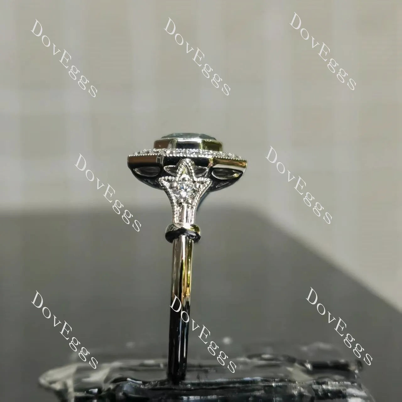 Octagon halo pave art deco moissanite engagement ring| DovEggs
