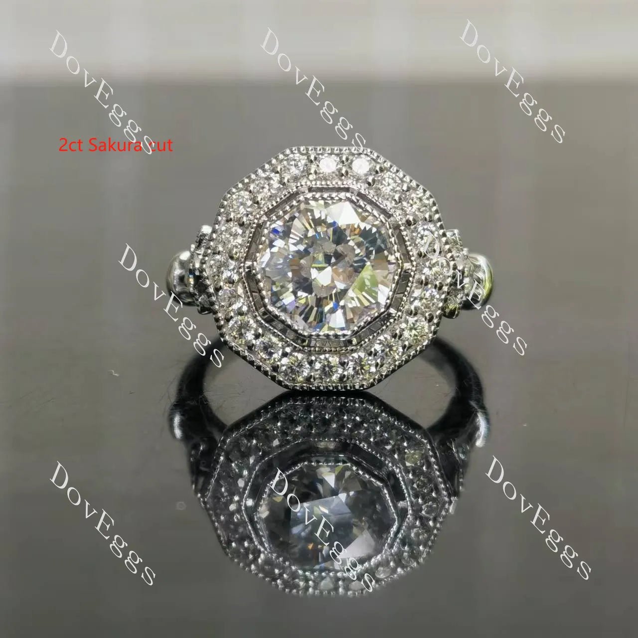 Octagon halo pave art deco moissanite engagement ring| DovEggs