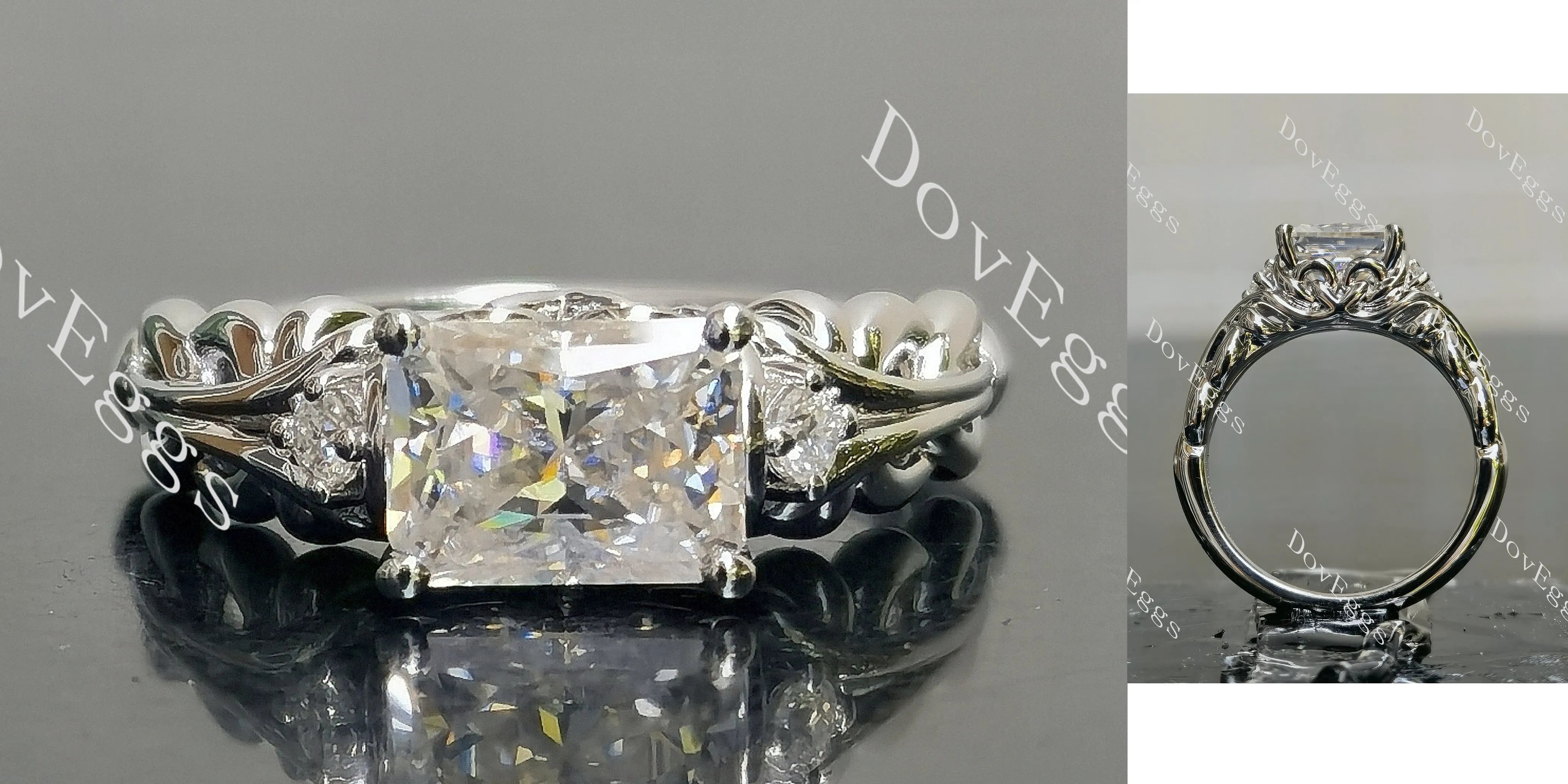 Radiant vintage side stones pattern braided moissanite engagement ring| DovEggs