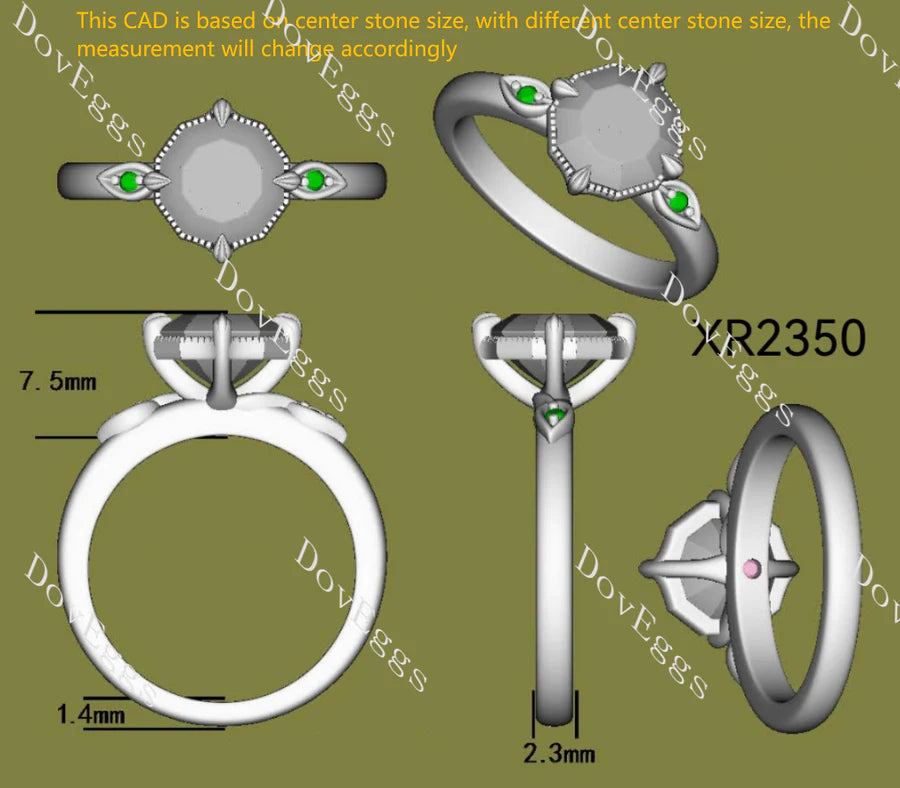 Octagon art deco side stones lab diamond engagement ring only semi-mount only(Exclusively to DovEggs Stones)