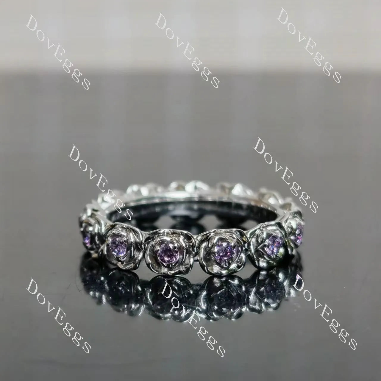 Feminine and rose floral vintage half/full eternity wedding band| Doveggs