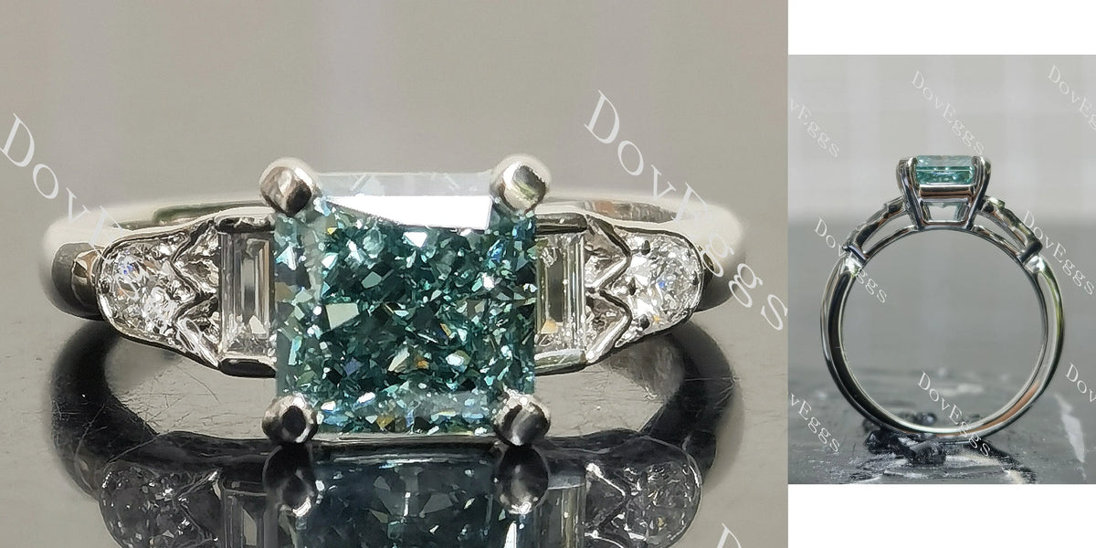 Radiant art deco side stones moissanite engagement ring| DovEggs