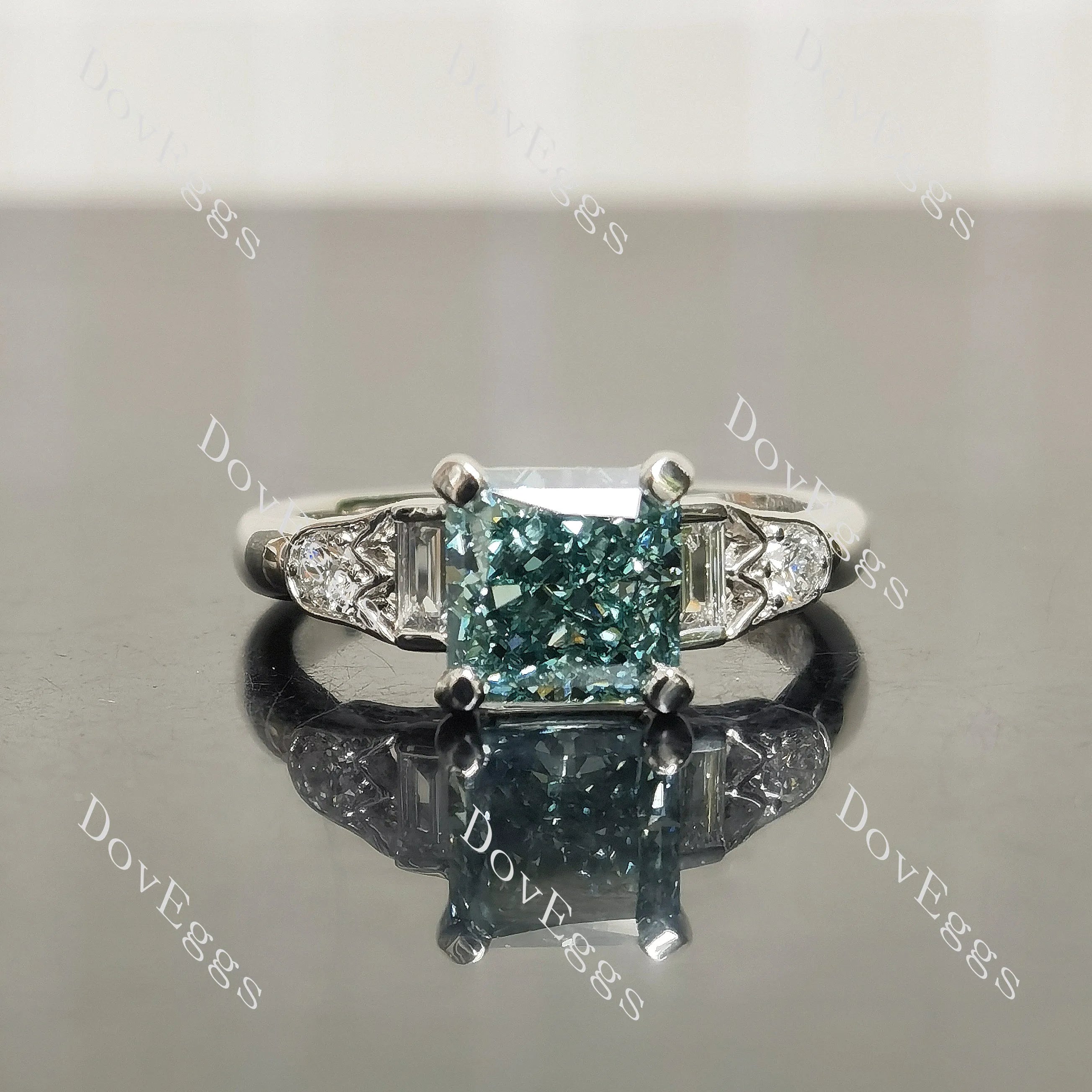 Radiant art deco side stones moissanite engagement ring| DovEggs