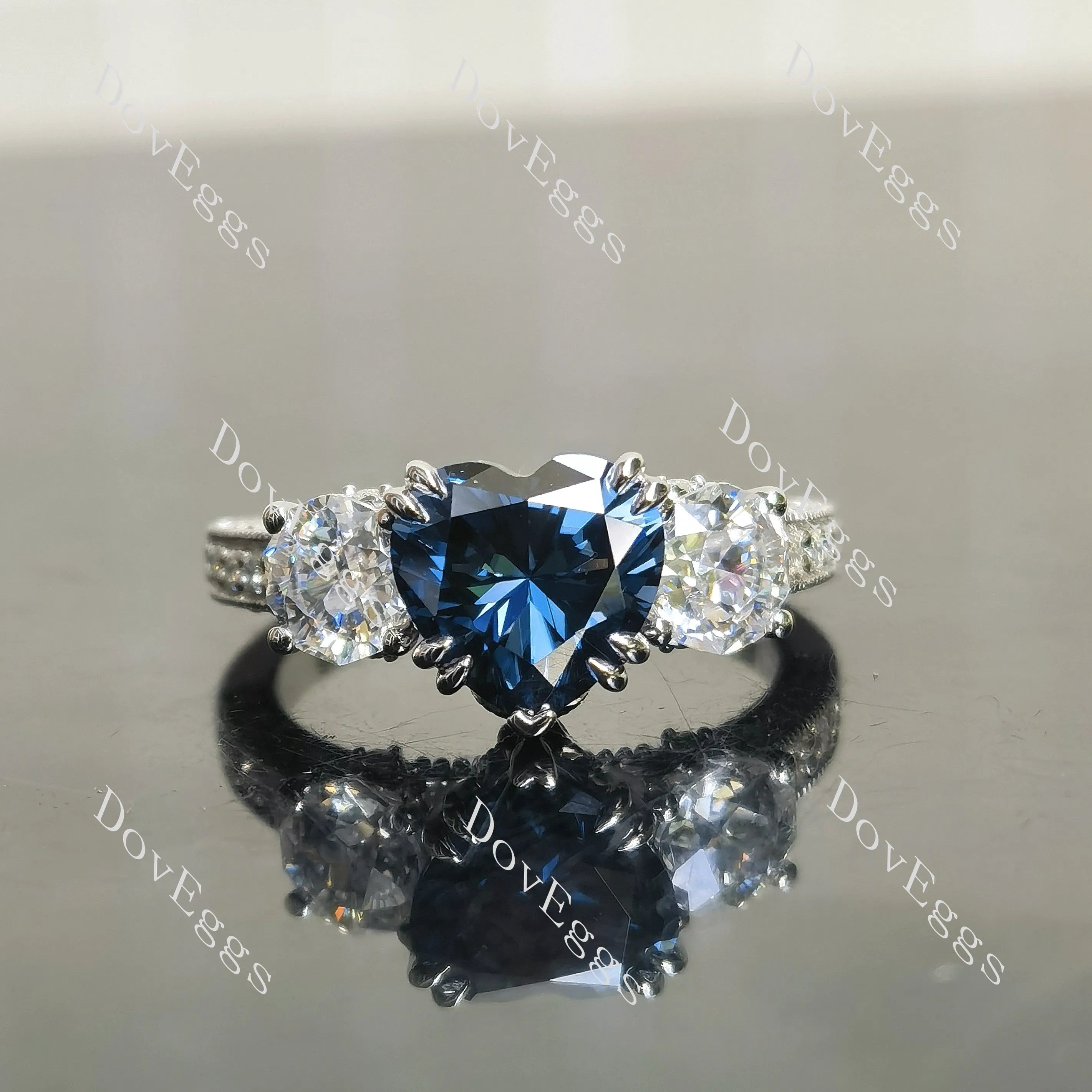 Heart octagon three stones pave vintage engagement ring| DovEggs