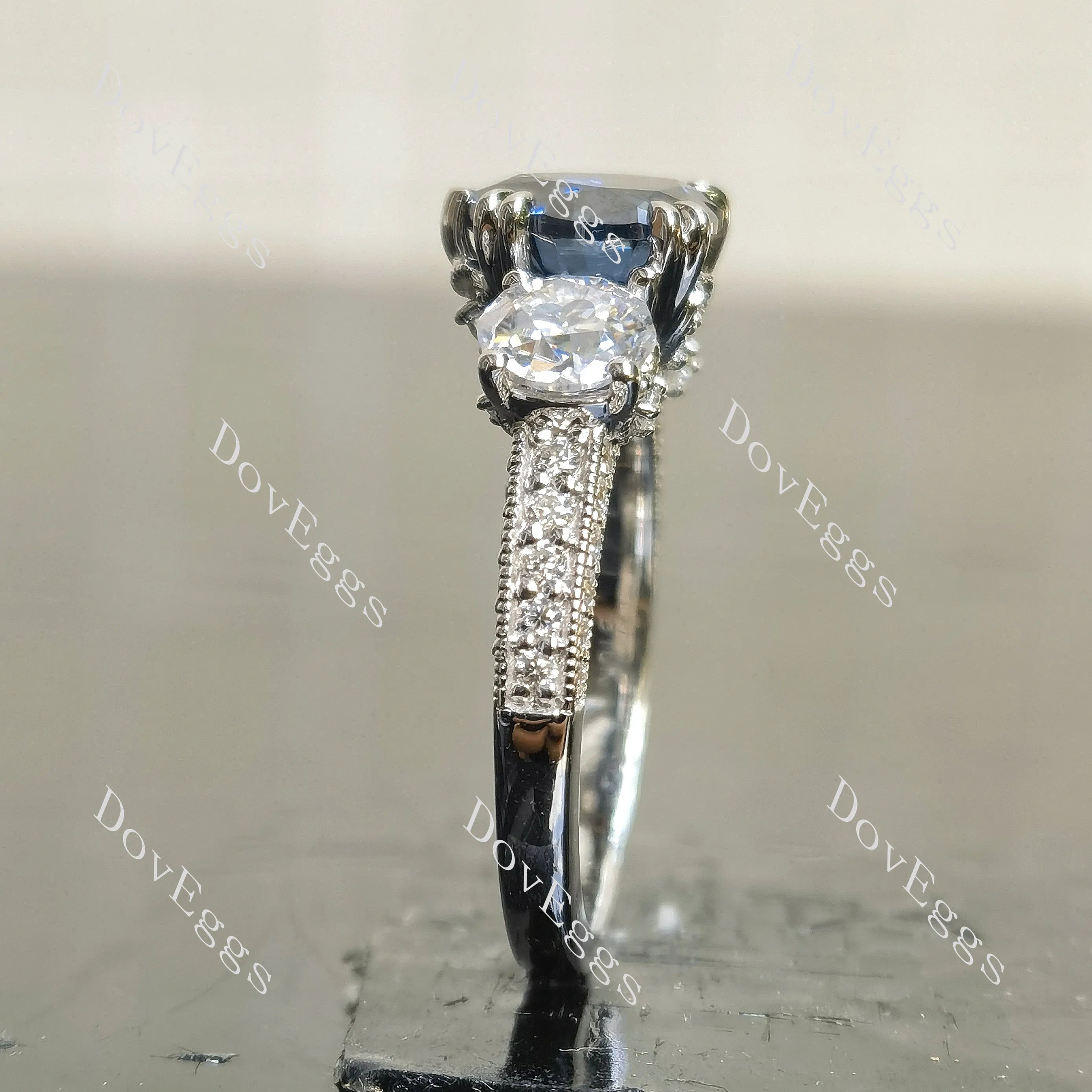 Heart octagon three stones pave vintage engagement ring| DovEggs
