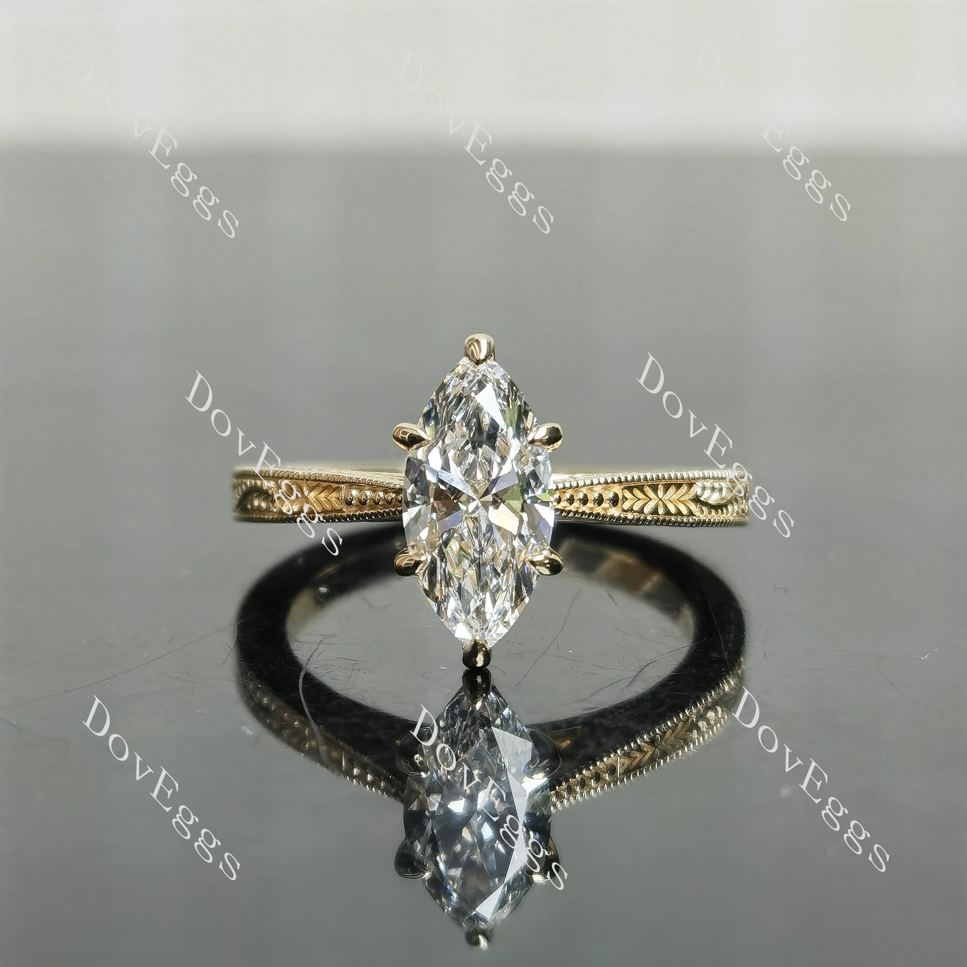 Marquise solitaire carving moissanite engagement ring| DovEggs
