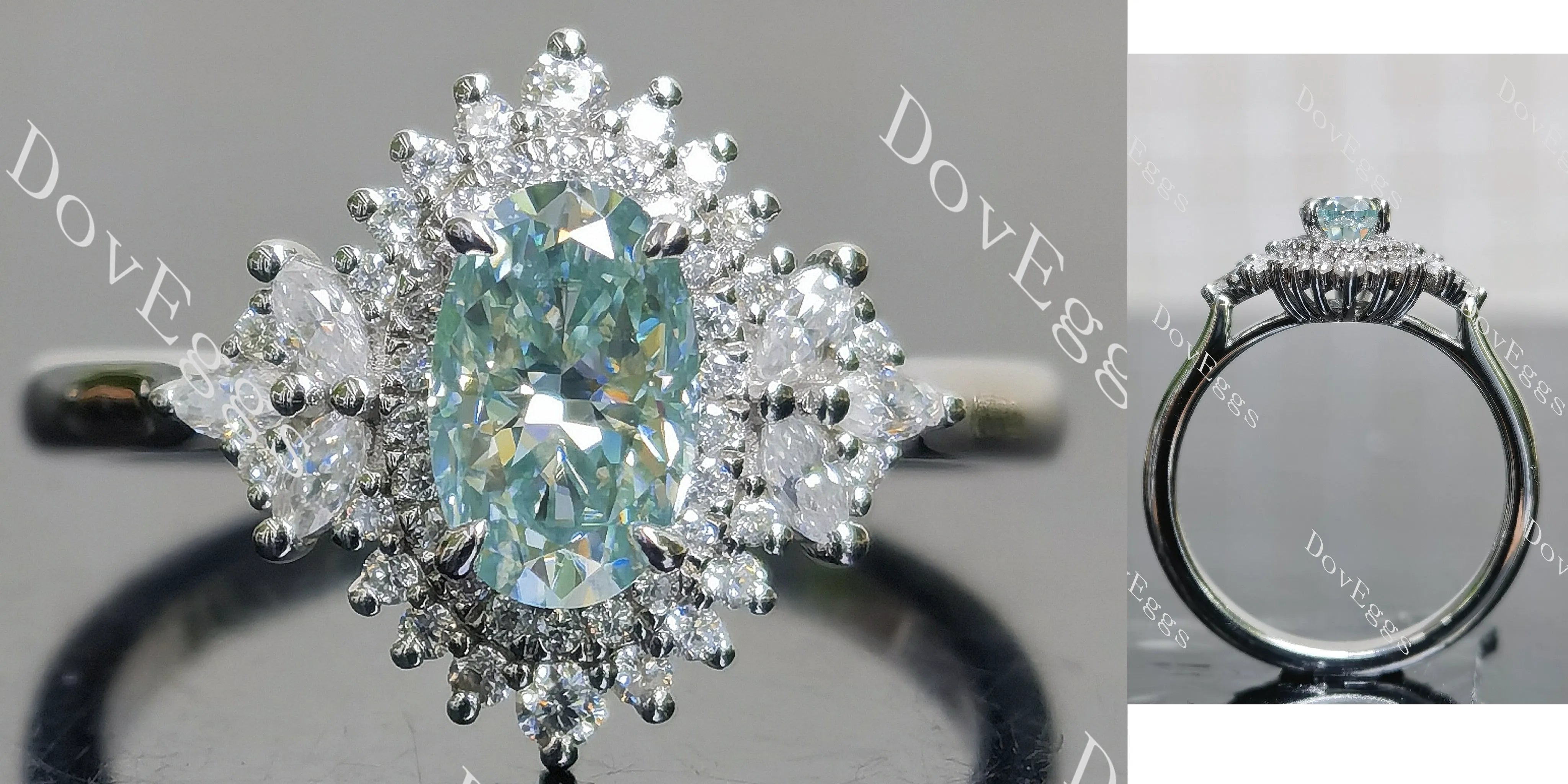 Oval halo side stones colored moissanite engagement ring| DovEggs