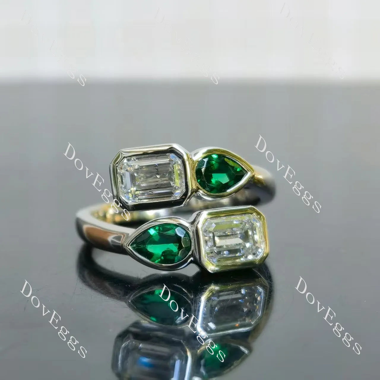 Emerald pear bezel four stones art deco moissanite engagement ring| Doveggs