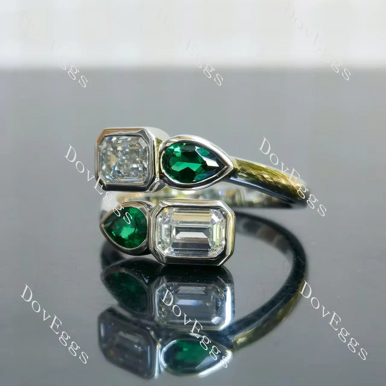 Emerald pear bezel four stones art deco moissanite engagement ring| Doveggs