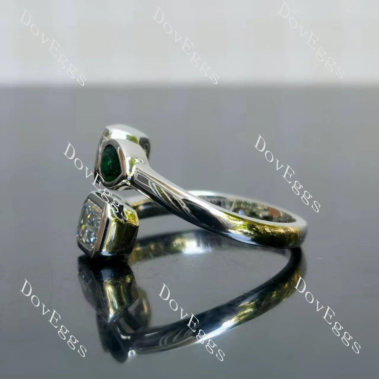 Emerald pear bezel four stones art deco moissanite engagement ring| Doveggs