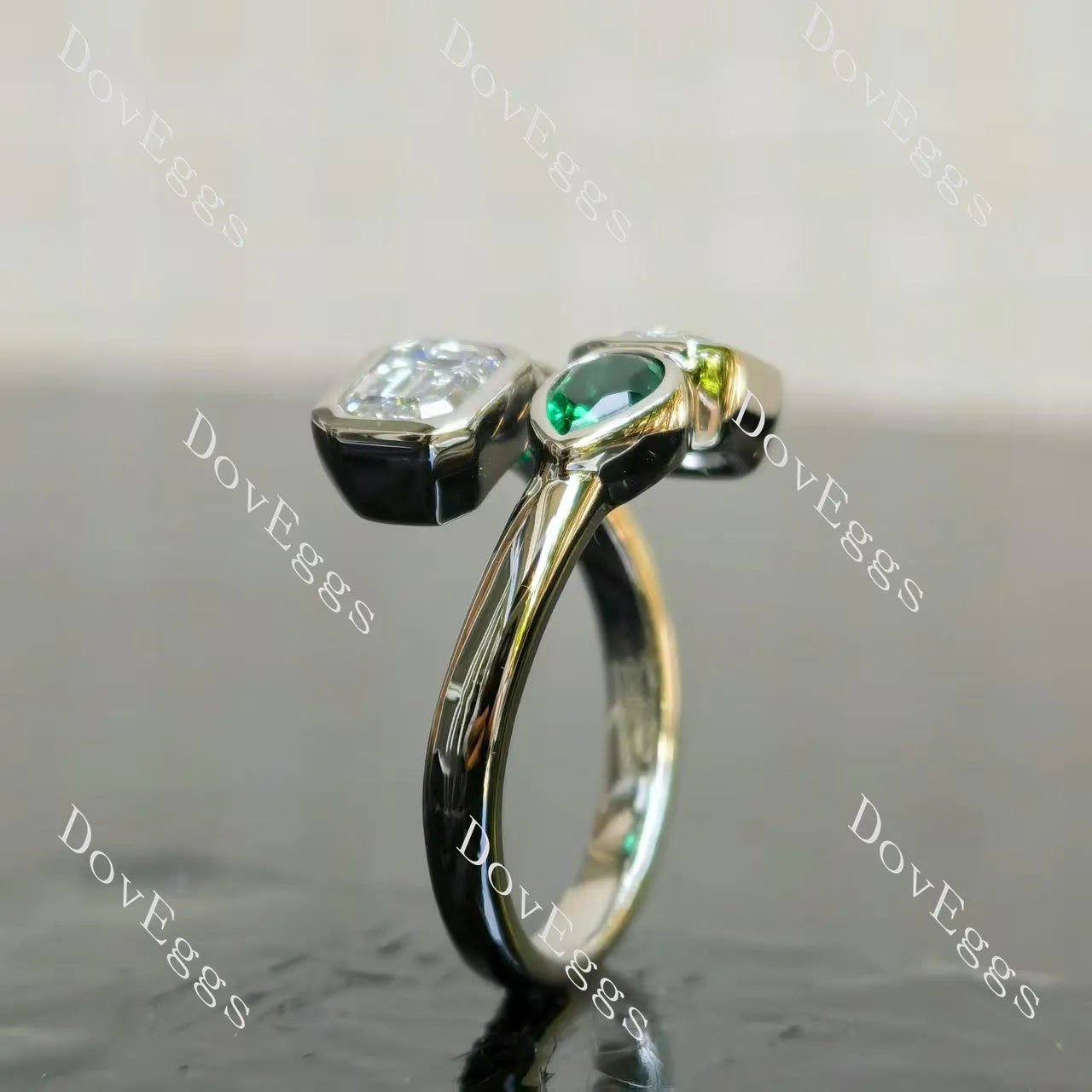 Emerald pear bezel four stones art deco moissanite engagement ring| Doveggs