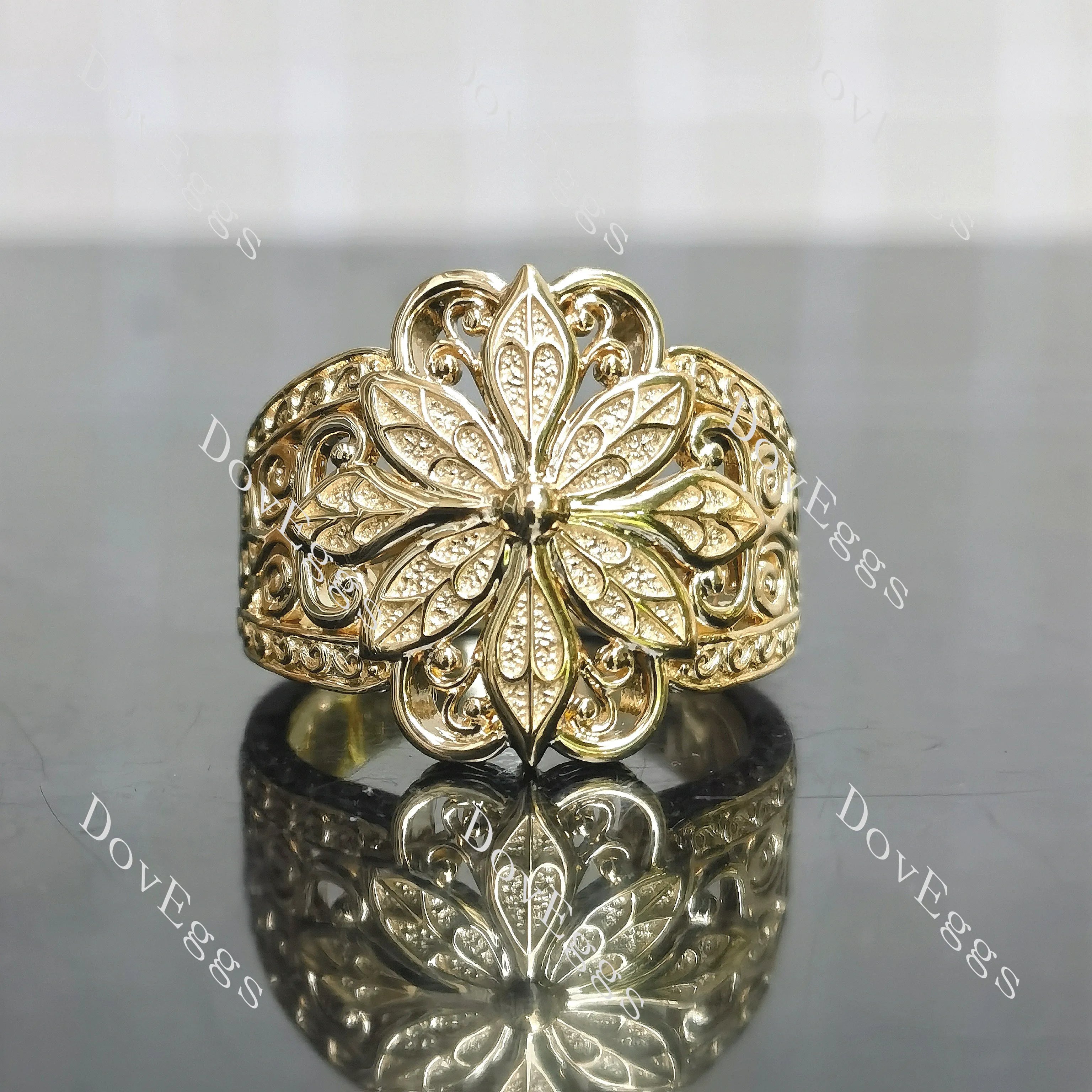 Vintage-Inspired floral carving plain band engagement ring| Doveggs