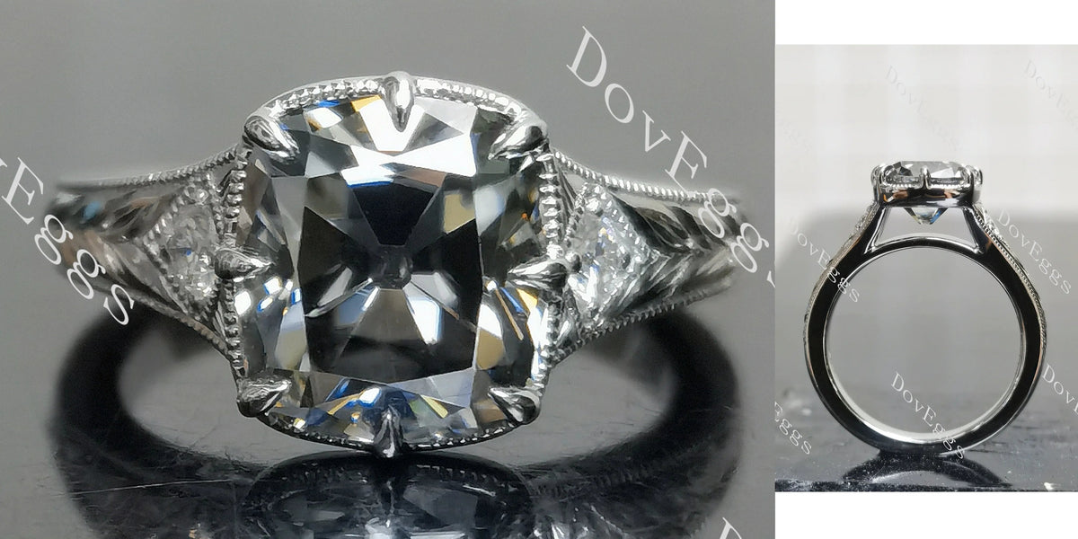 Cushion carved vintage side stones stardust grey moissanite engagement ring| DovEggs