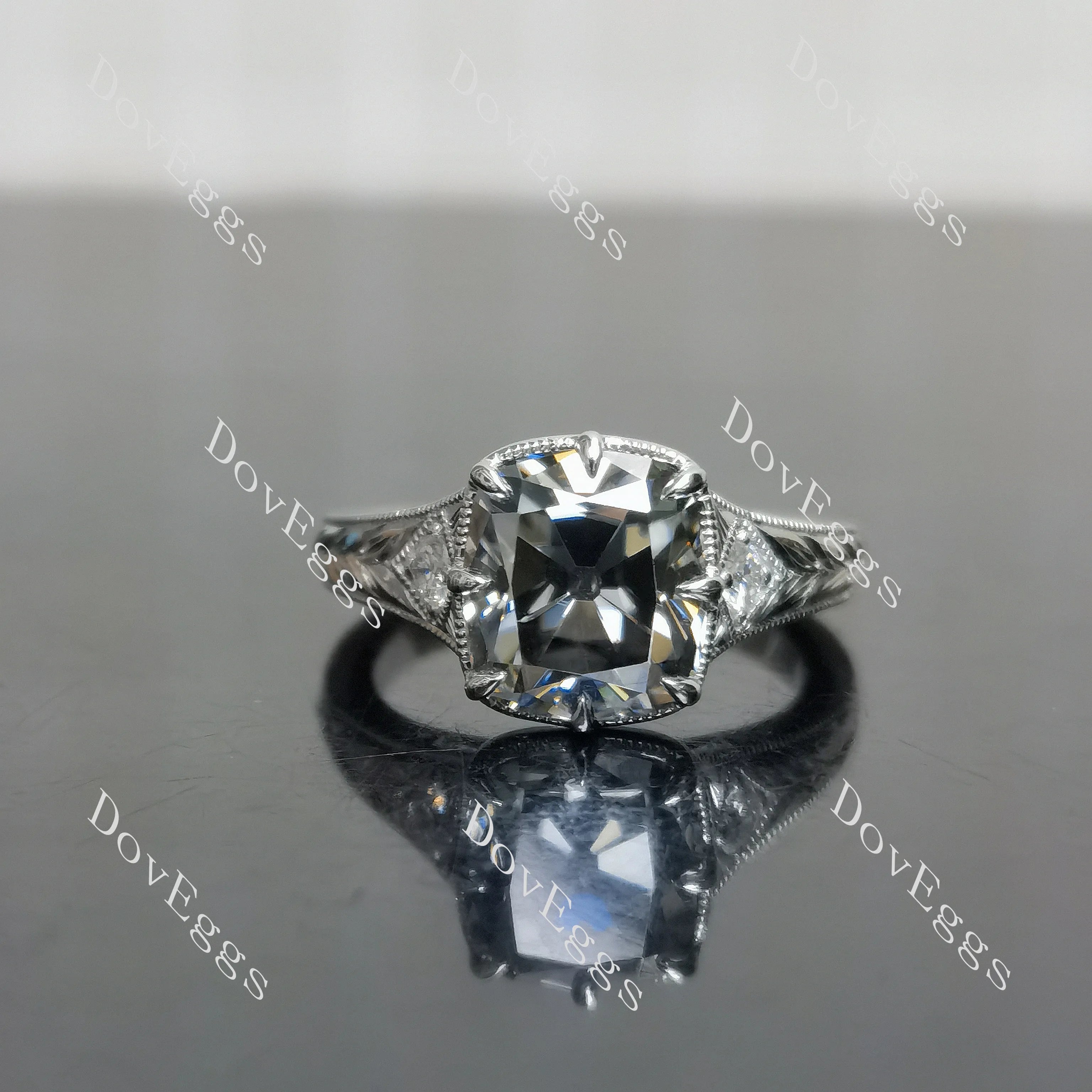 Cushion carved vintage side stones stardust grey moissanite engagement ring| DovEggs