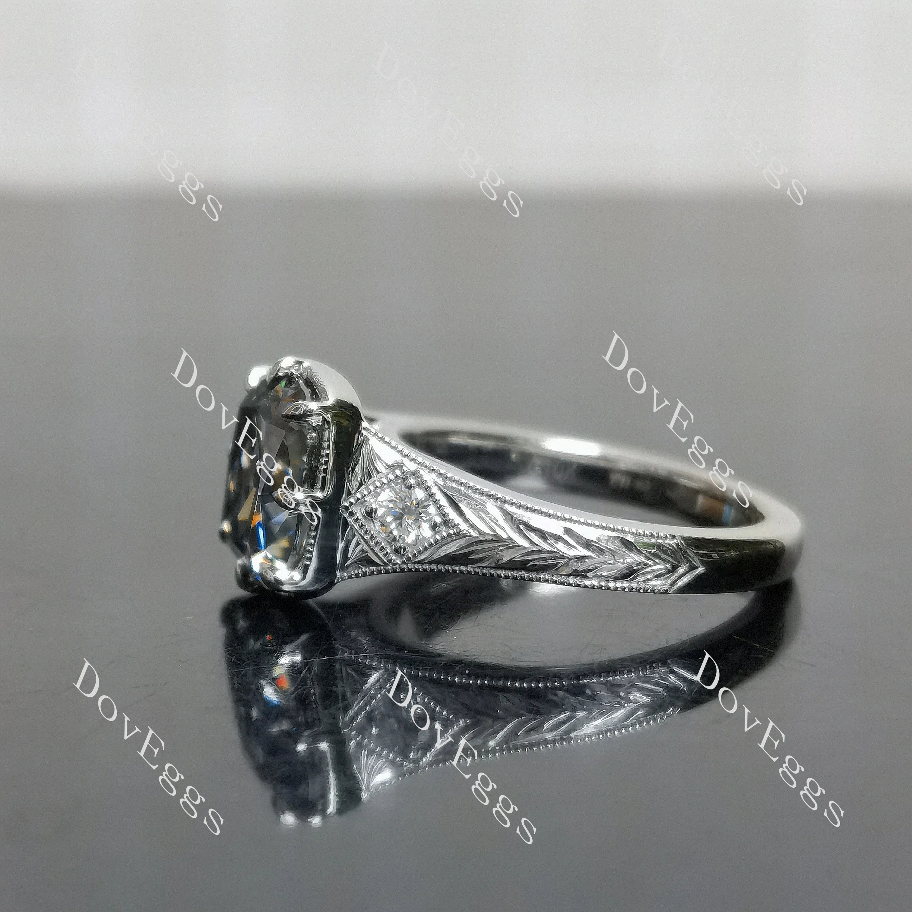 Cushion carved vintage side stones stardust grey moissanite engagement ring| DovEggs
