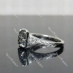 Cushion carved vintage side stones stardust grey moissanite engagement ring| DovEggs