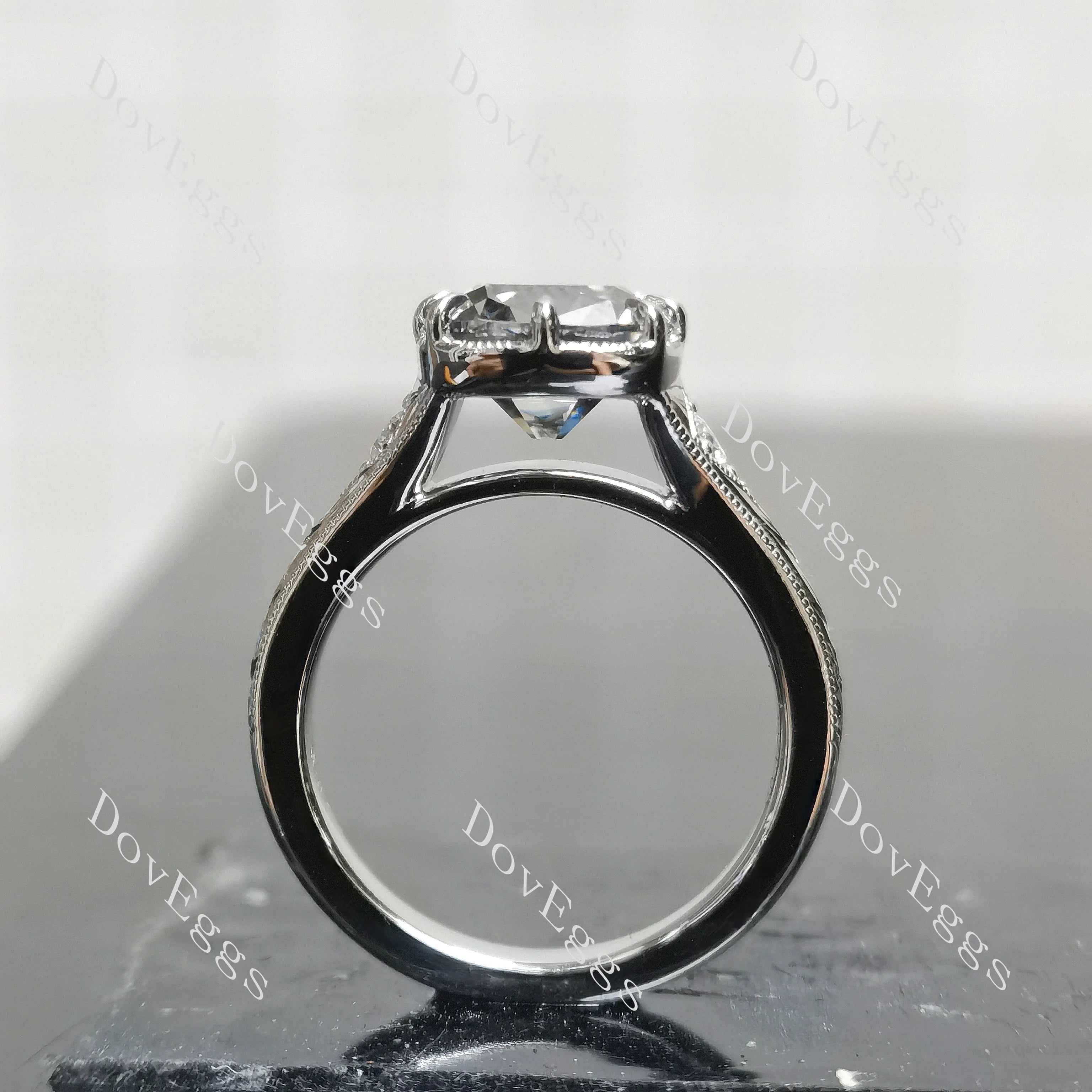 Cushion carved vintage side stones stardust grey moissanite engagement ring| DovEggs