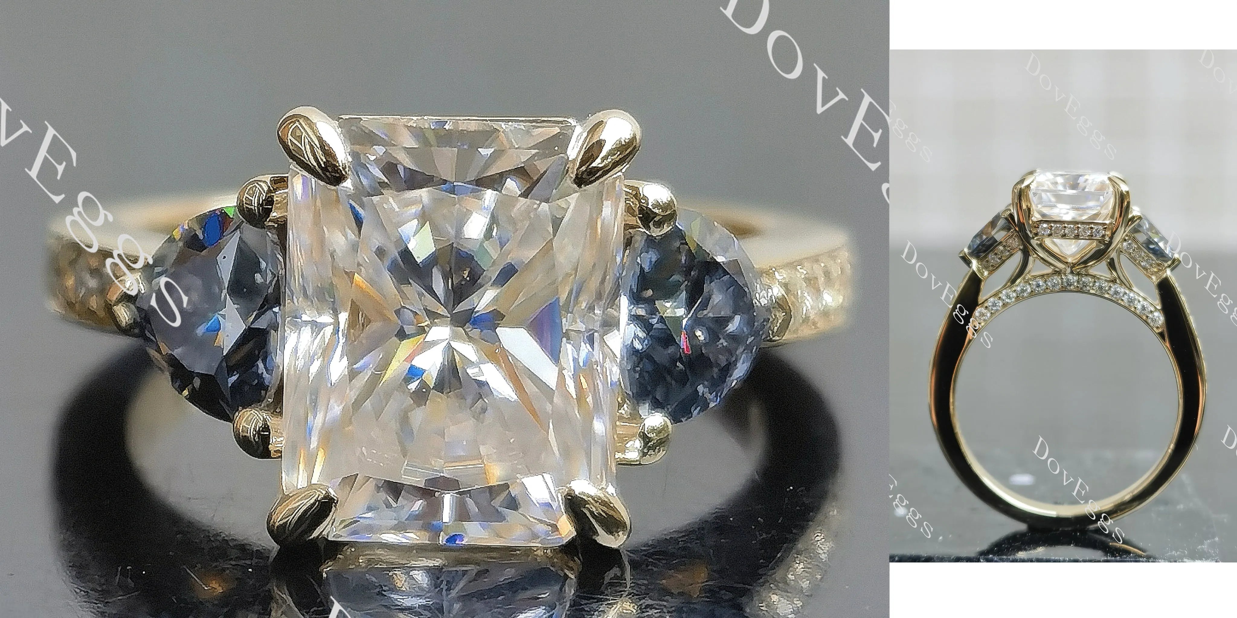 Radiant three stones pave moissnaite engagement ring| DovEggs