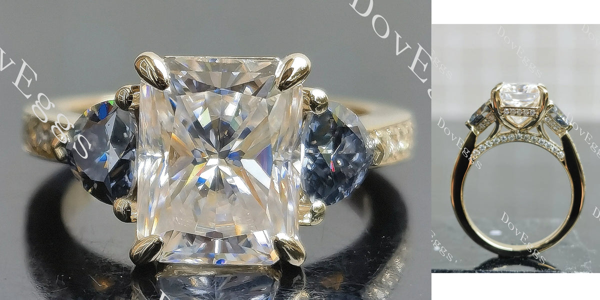 Radiant three stones pave moissnaite engagement ring| DovEggs