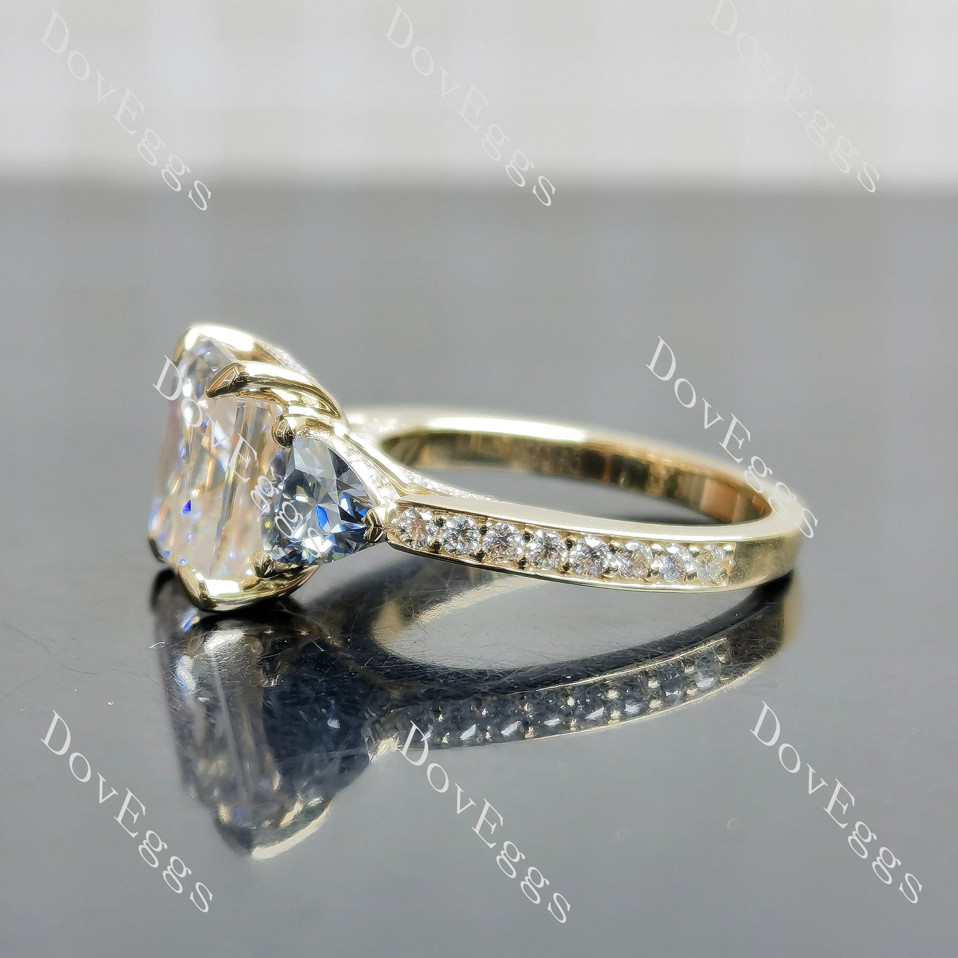 Radiant three stones pave moissnaite engagement ring| DovEggs