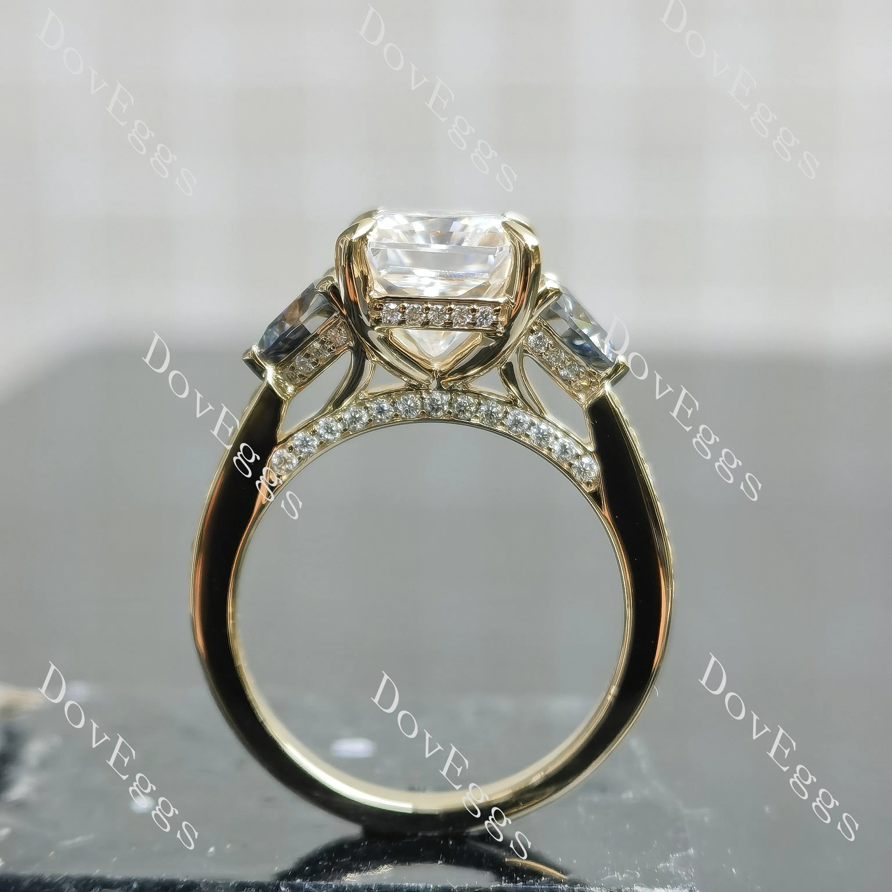 Radiant three stones pave moissnaite engagement ring| DovEggs