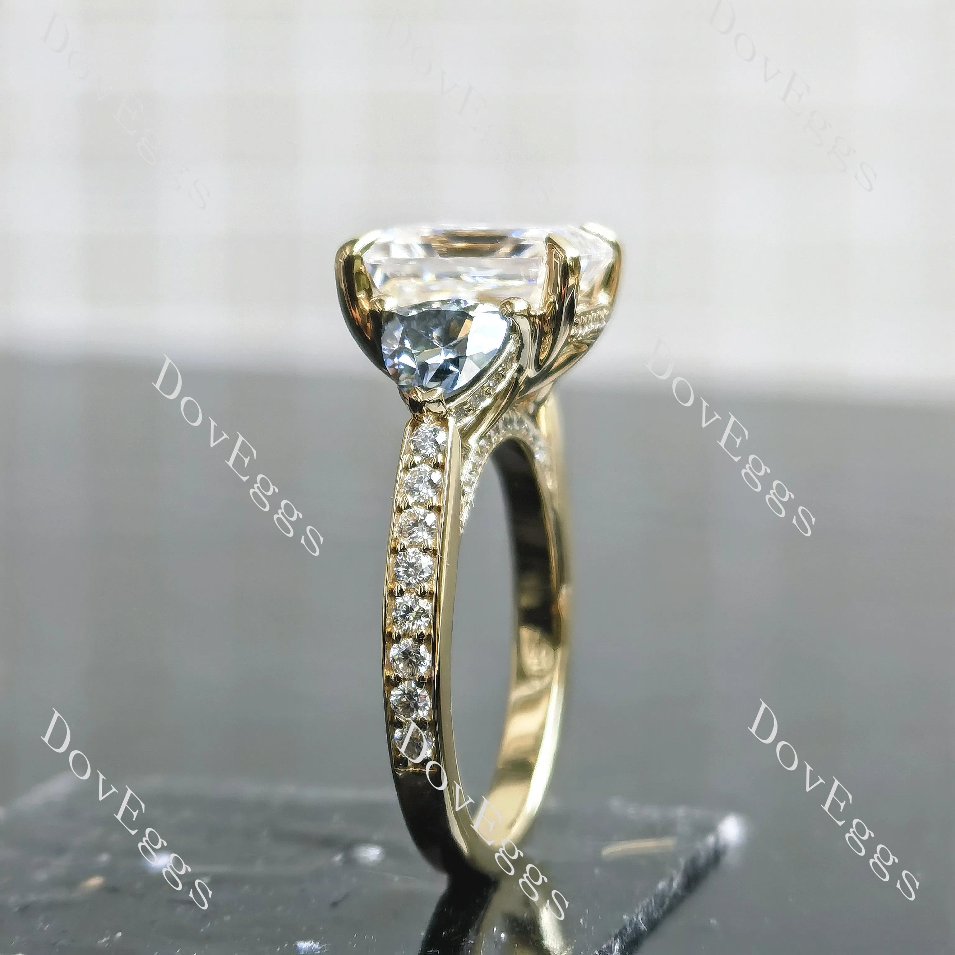 Radiant three stones pave moissnaite engagement ring| DovEggs