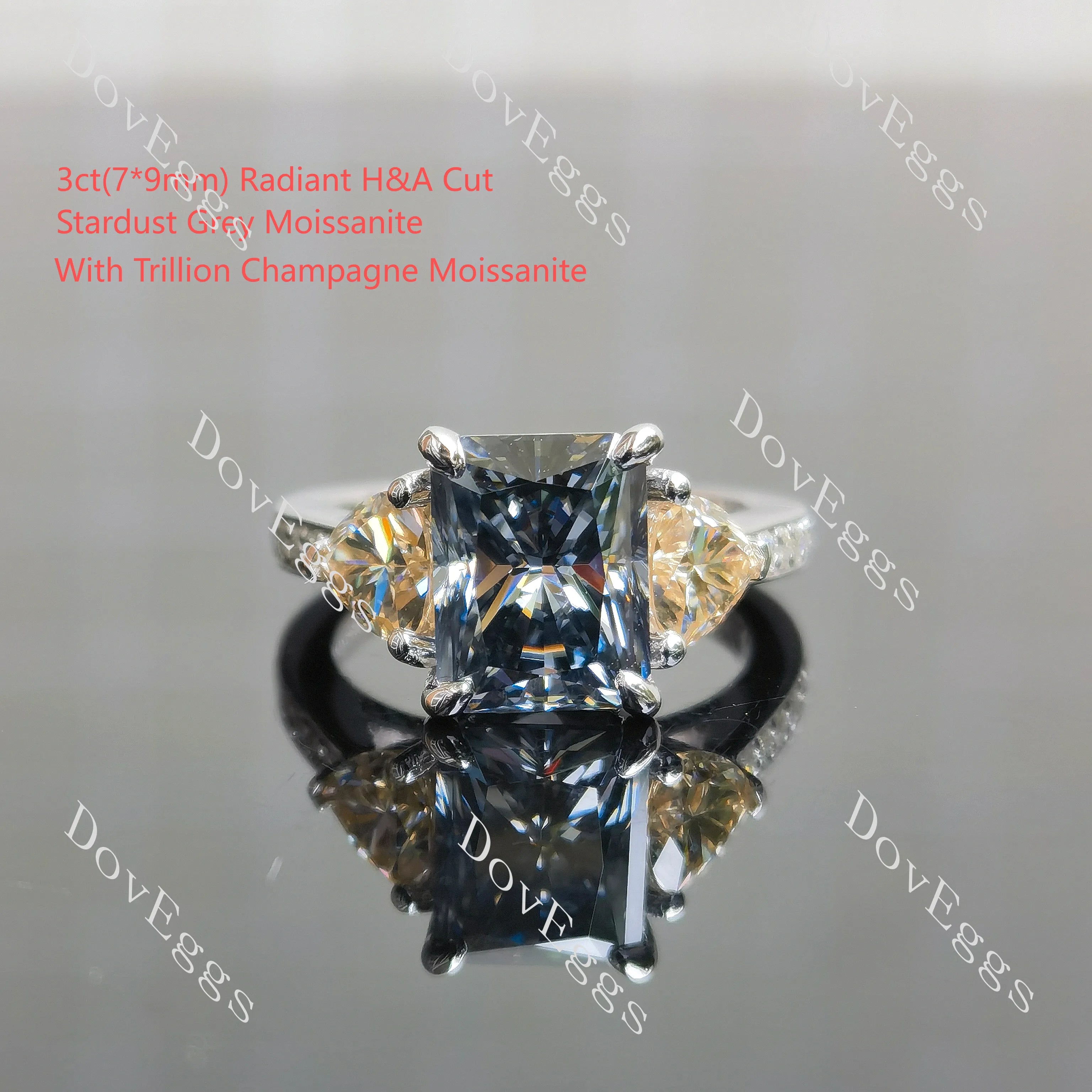 Radiant three stones pave moissnaite engagement ring| DovEggs