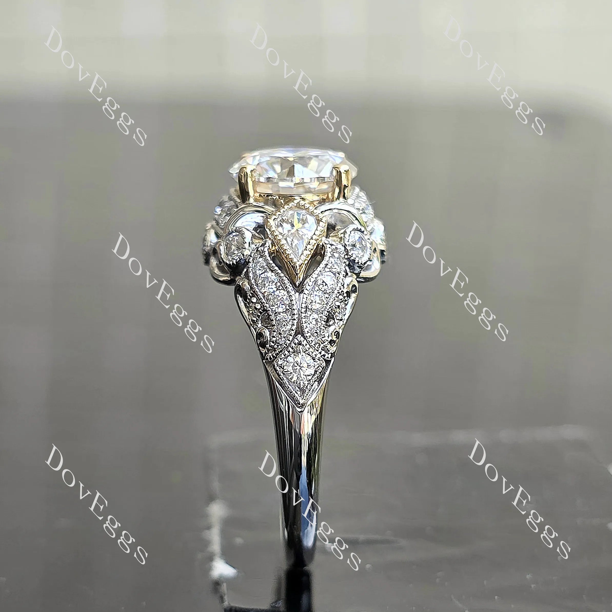 Round art deco side stones moissanite engagement ring| DovEggs