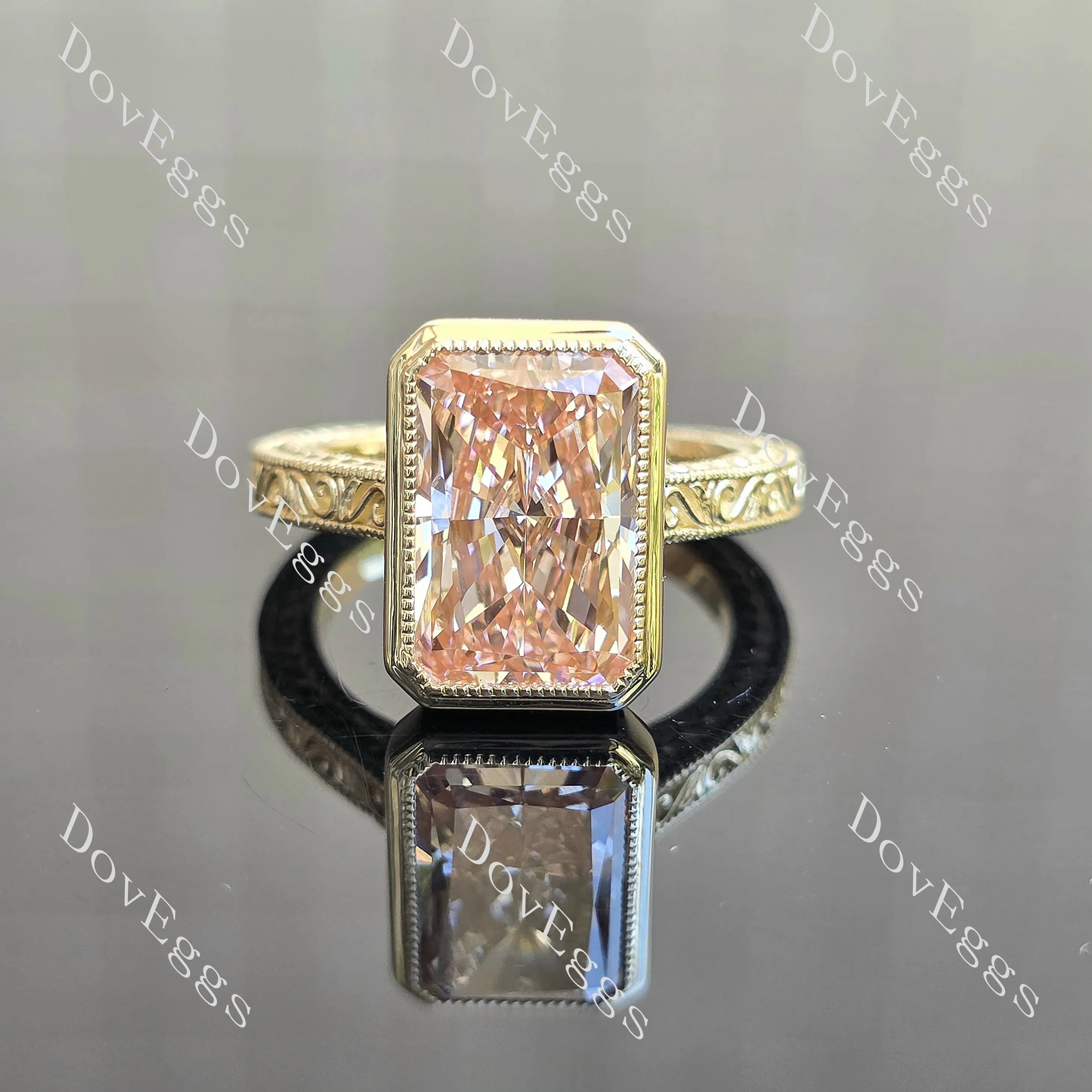 Radiant carved bezel solitaire moissanite engagement ring| DovEggs