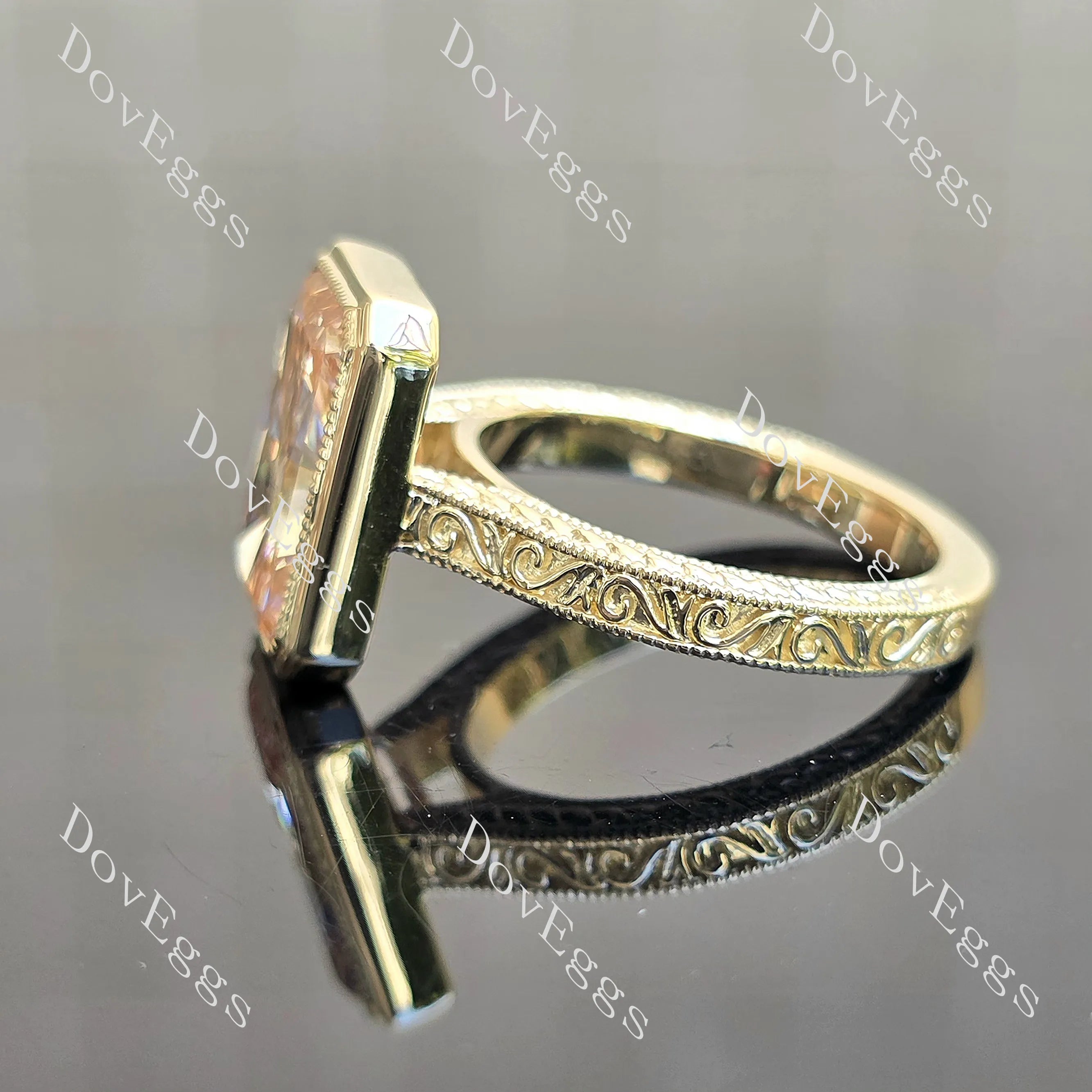 Radiant carved bezel solitaire moissanite engagement ring| DovEggs