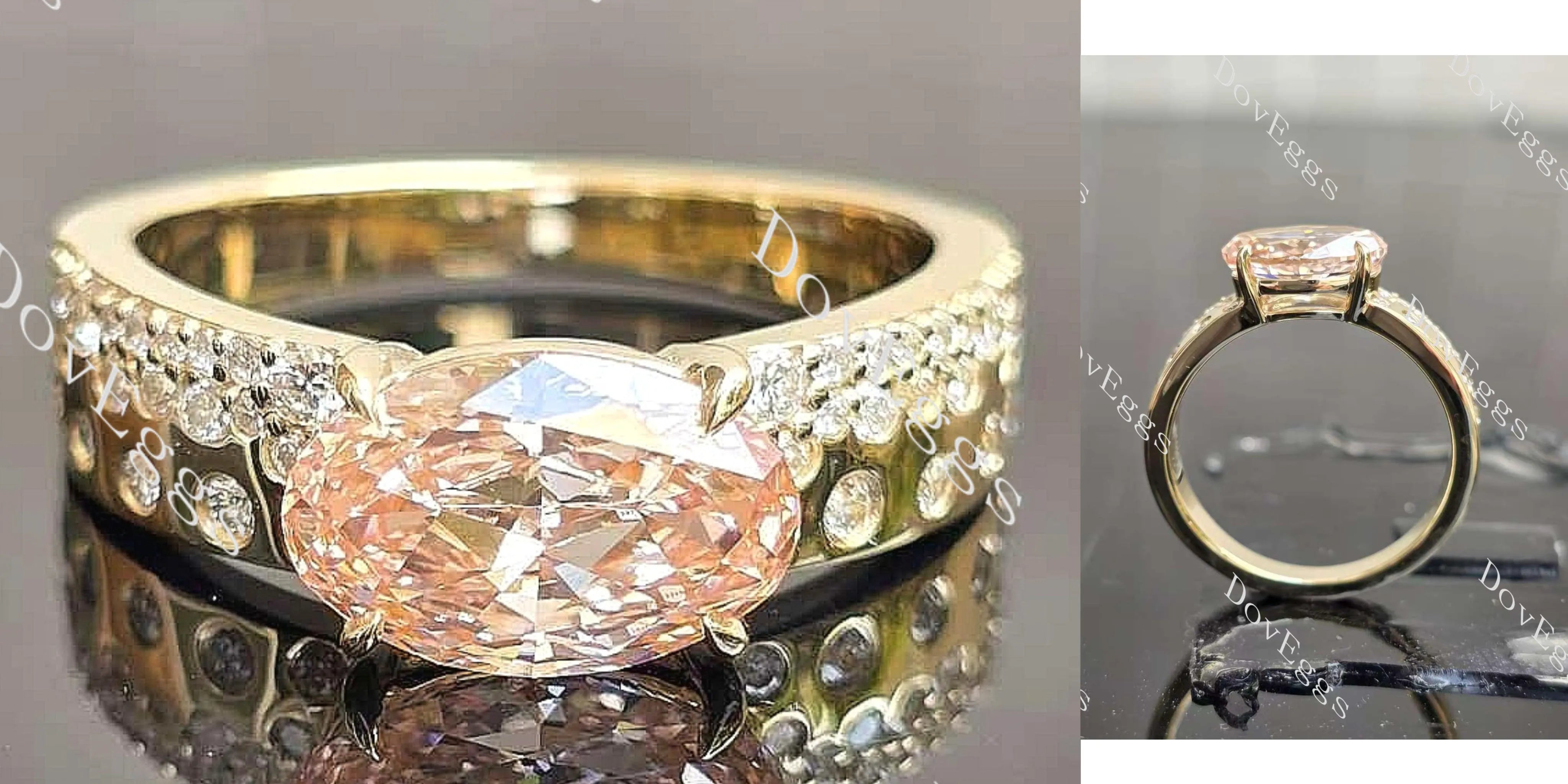 Oval art deco pave moissanite engagement ring| DovEggs