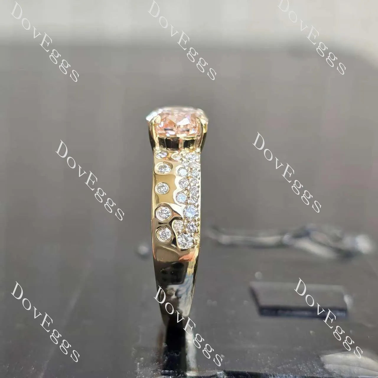 Oval art deco pave moissanite engagement ring| DovEggs