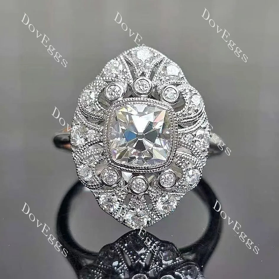 Cushion bezel milgrain vintage moissanite engagement ring| Doveggs