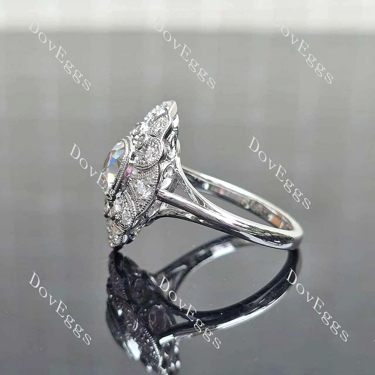 Cushion bezel milgrain vintage moissanite engagement ring| Doveggs