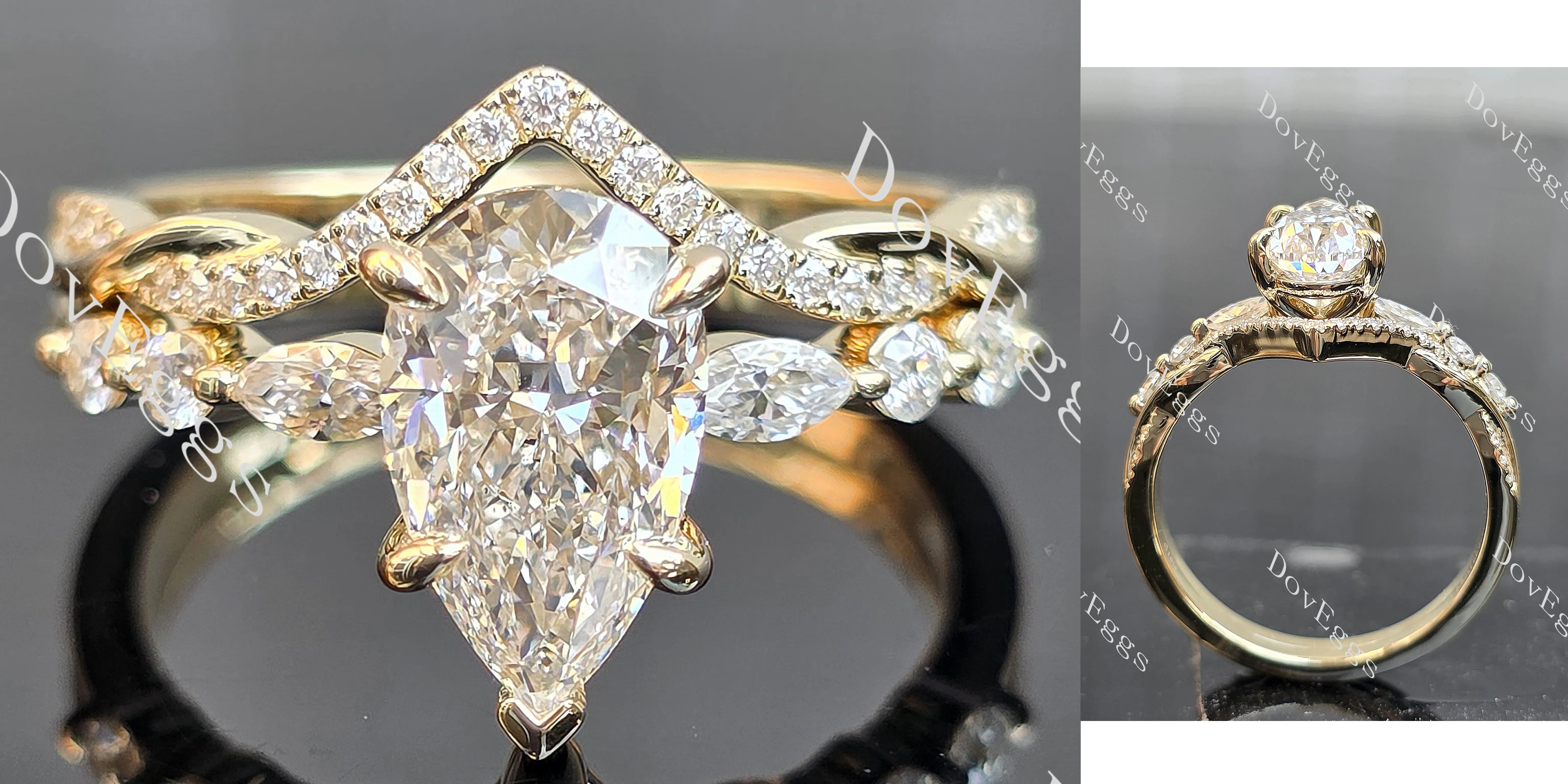 Pear pave side stones moissanite engagement ring| DovEggs