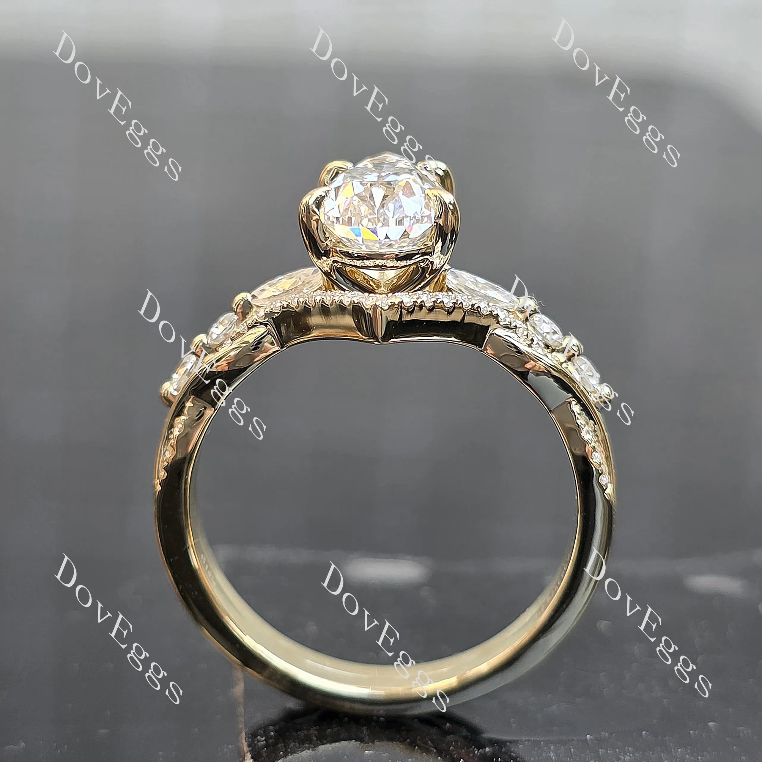 Pear pave side stones moissanite engagement ring| DovEggs