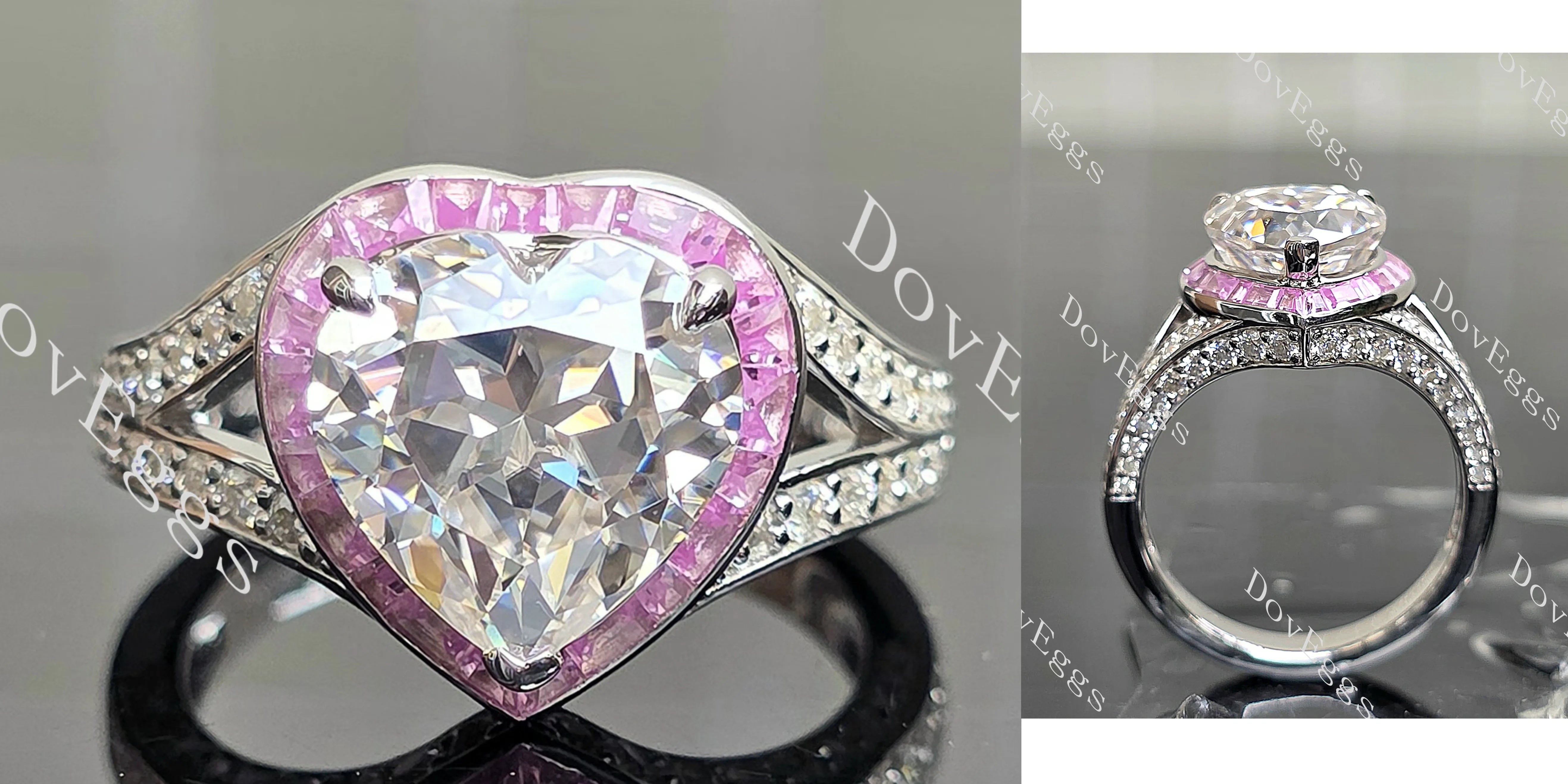 Beth's Bella-Heart halo split shanks pave moissanite engagement ring| DovEggs