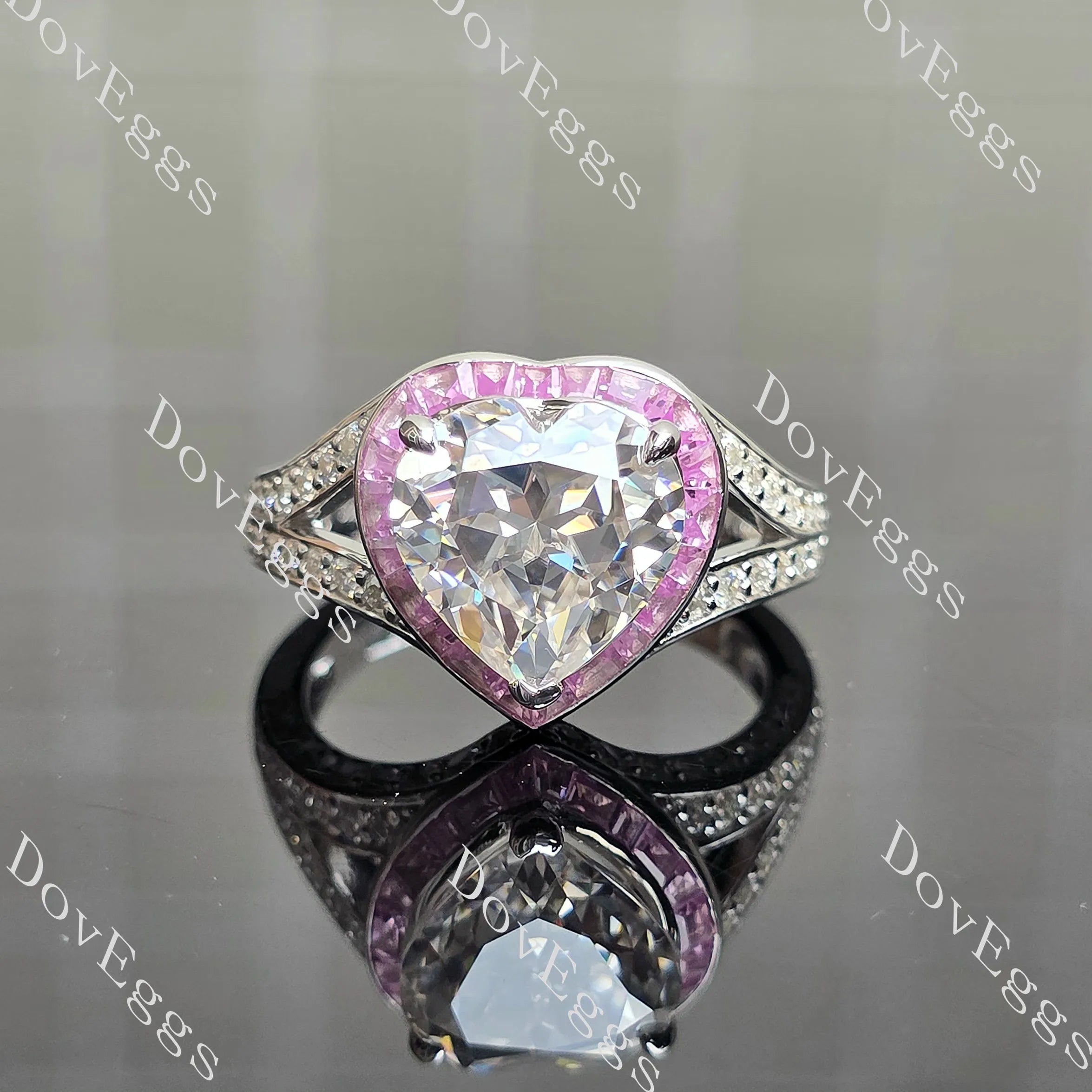 Beth's Bella-Heart halo split shanks pave moissanite engagement ring| DovEggs