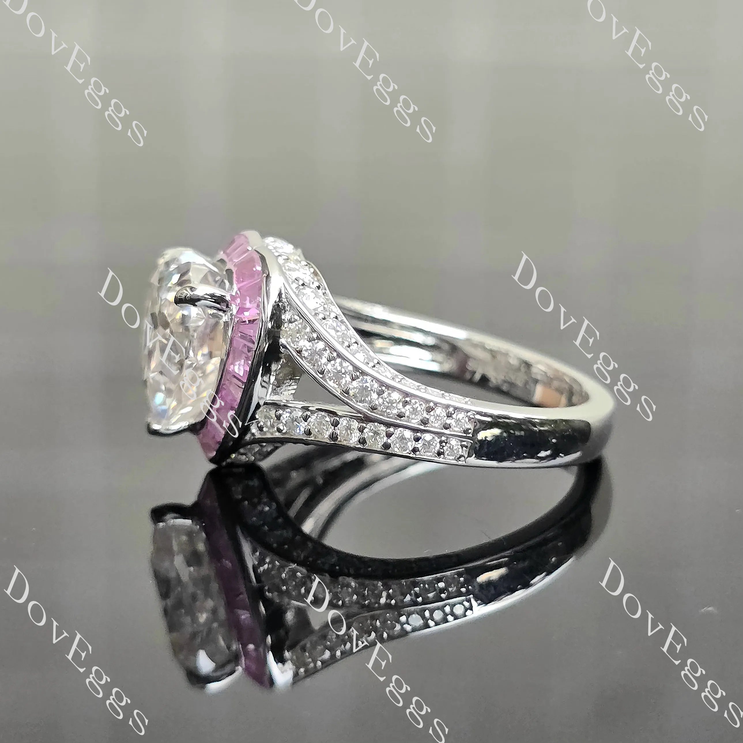 Beth's Bella-Heart halo split shanks pave moissanite engagement ring| DovEggs