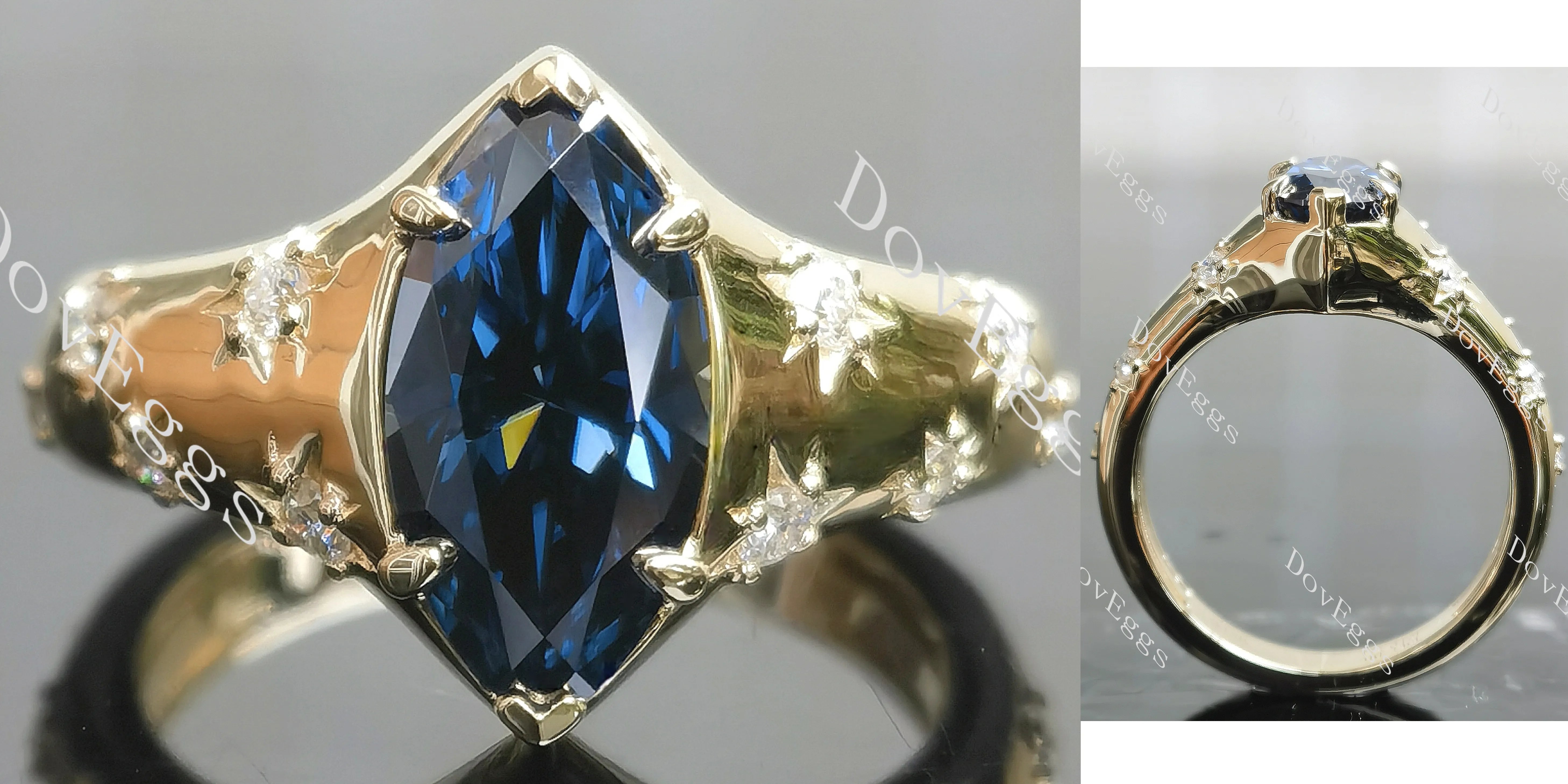 Marquise art deco twilight blue moissanite engagement ring| DovEggs
