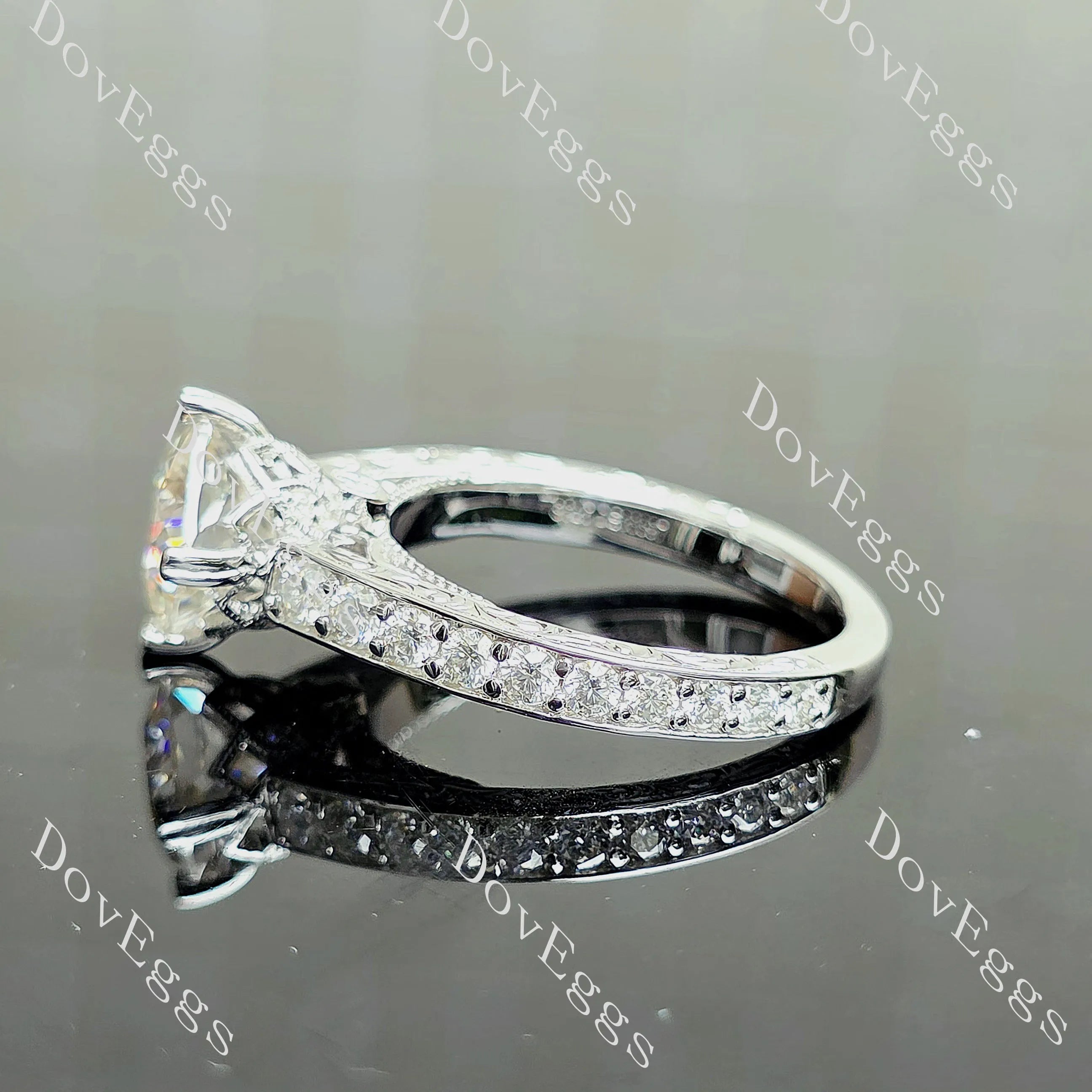 Rachael-Cushion vintage carved pave moissanite engagement ring| DovEggs