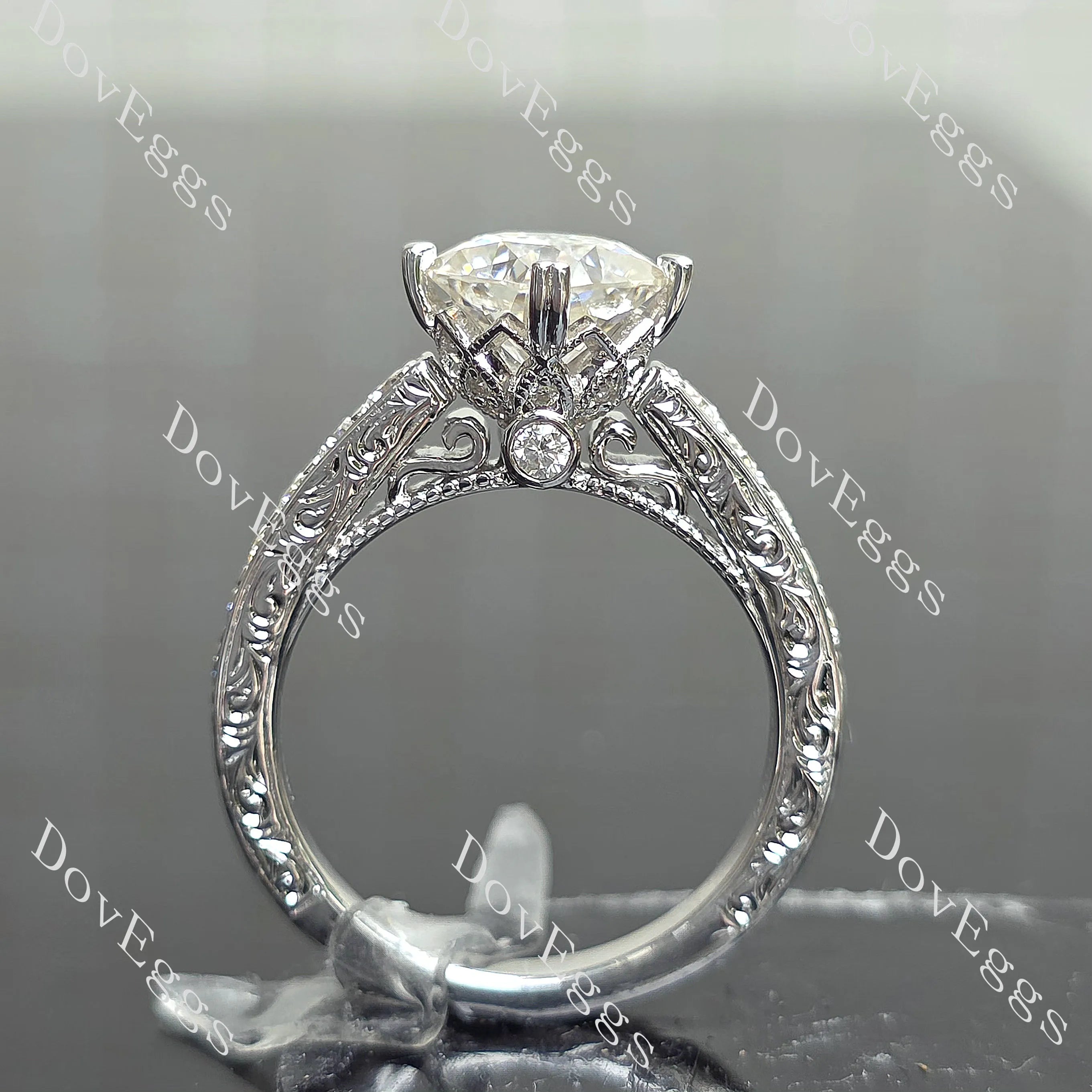Rachael-Cushion vintage carved pave moissanite engagement ring| DovEggs