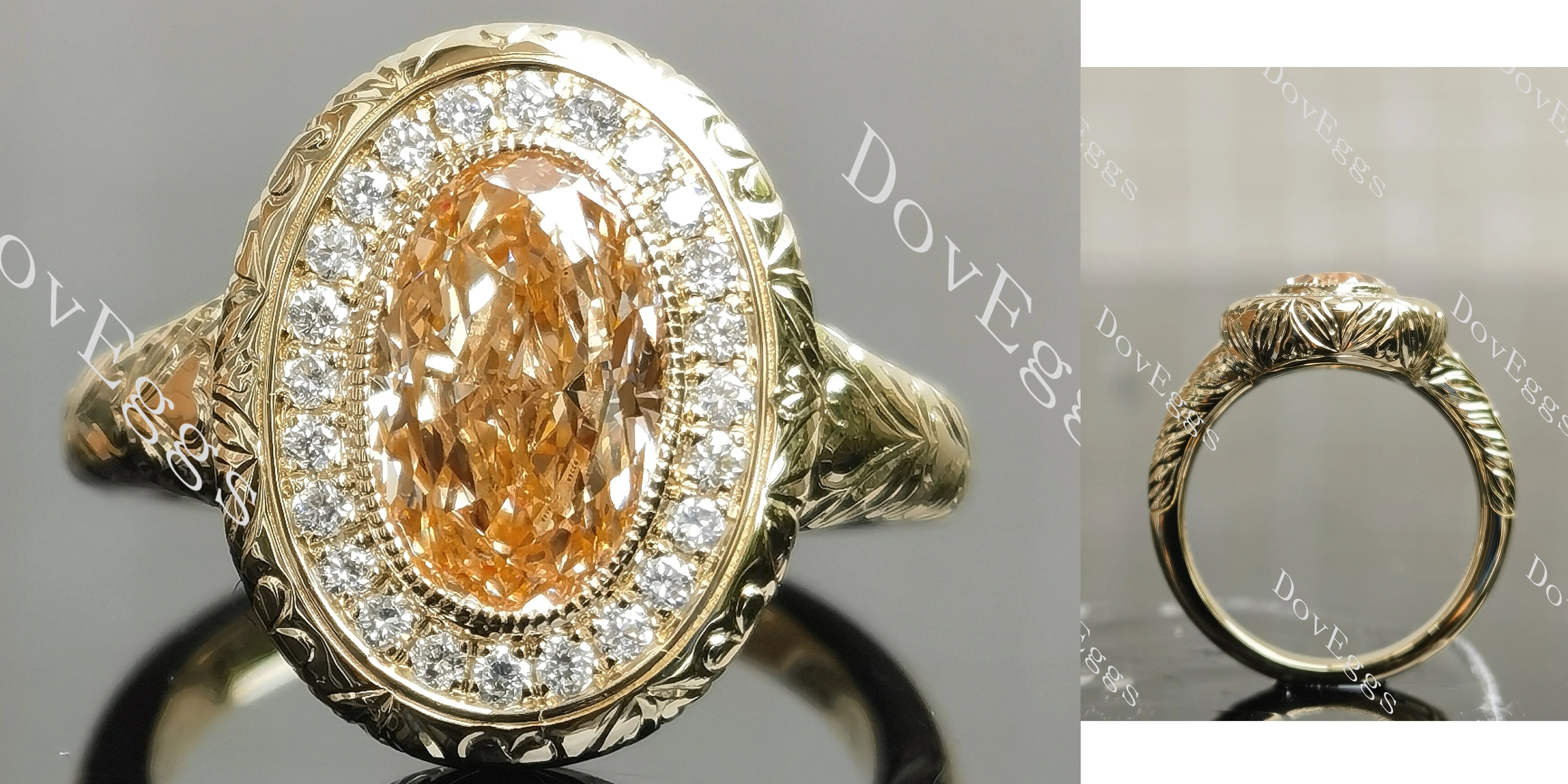 Oval halo carved art deco moissanite engagement ring| DovEggs