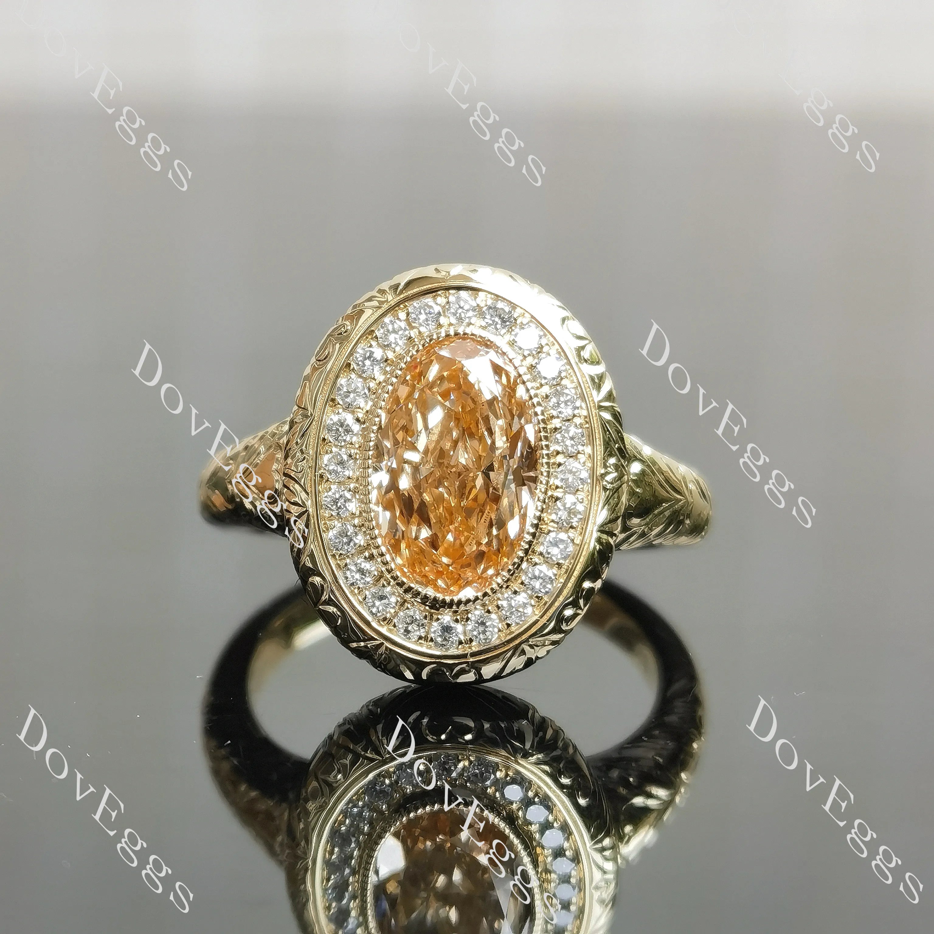 Oval halo carved art deco moissanite engagement ring| DovEggs