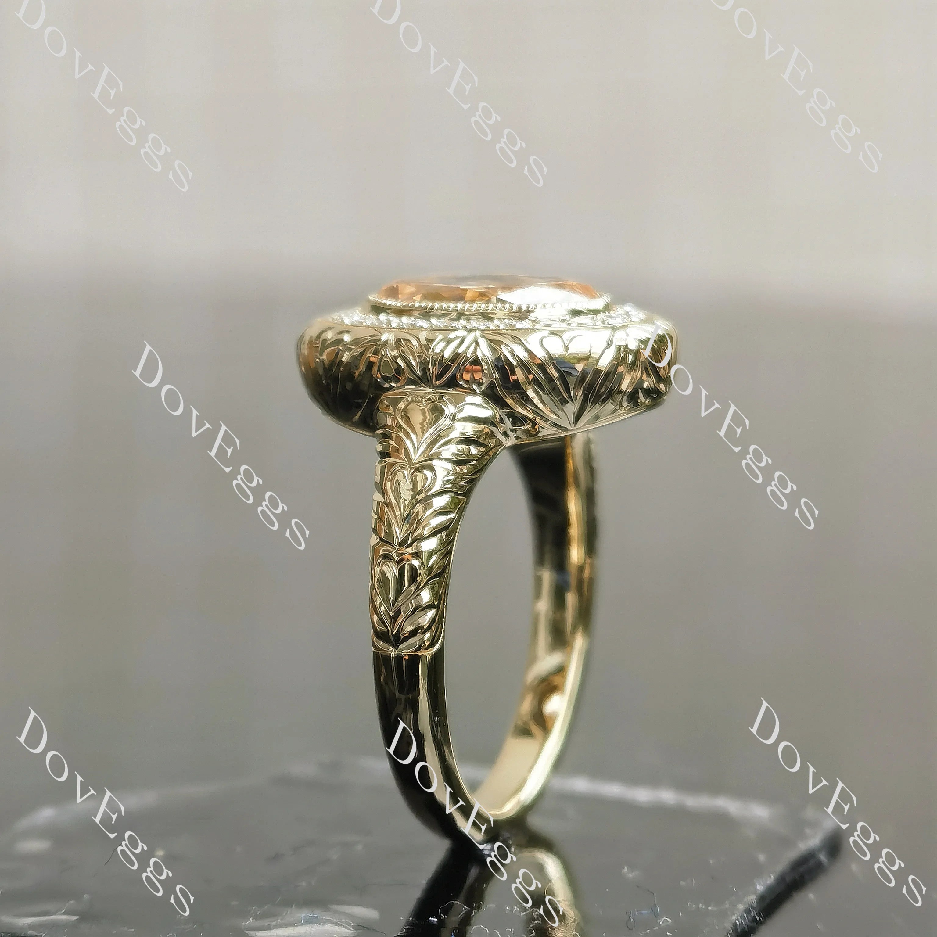 Oval halo carved art deco moissanite engagement ring| DovEggs